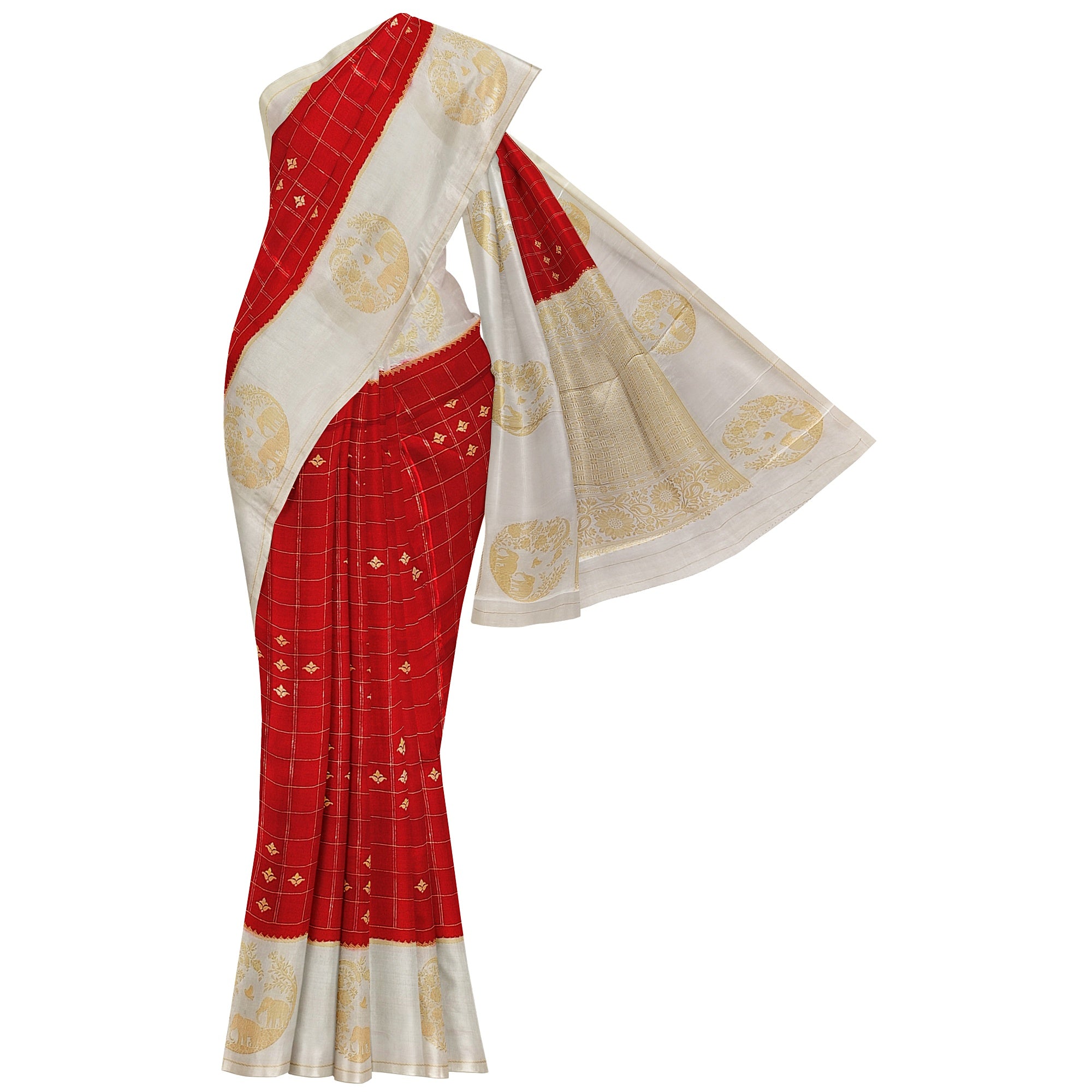 Red Georgette Saree – White Border with Elephant Butta – Shop Online