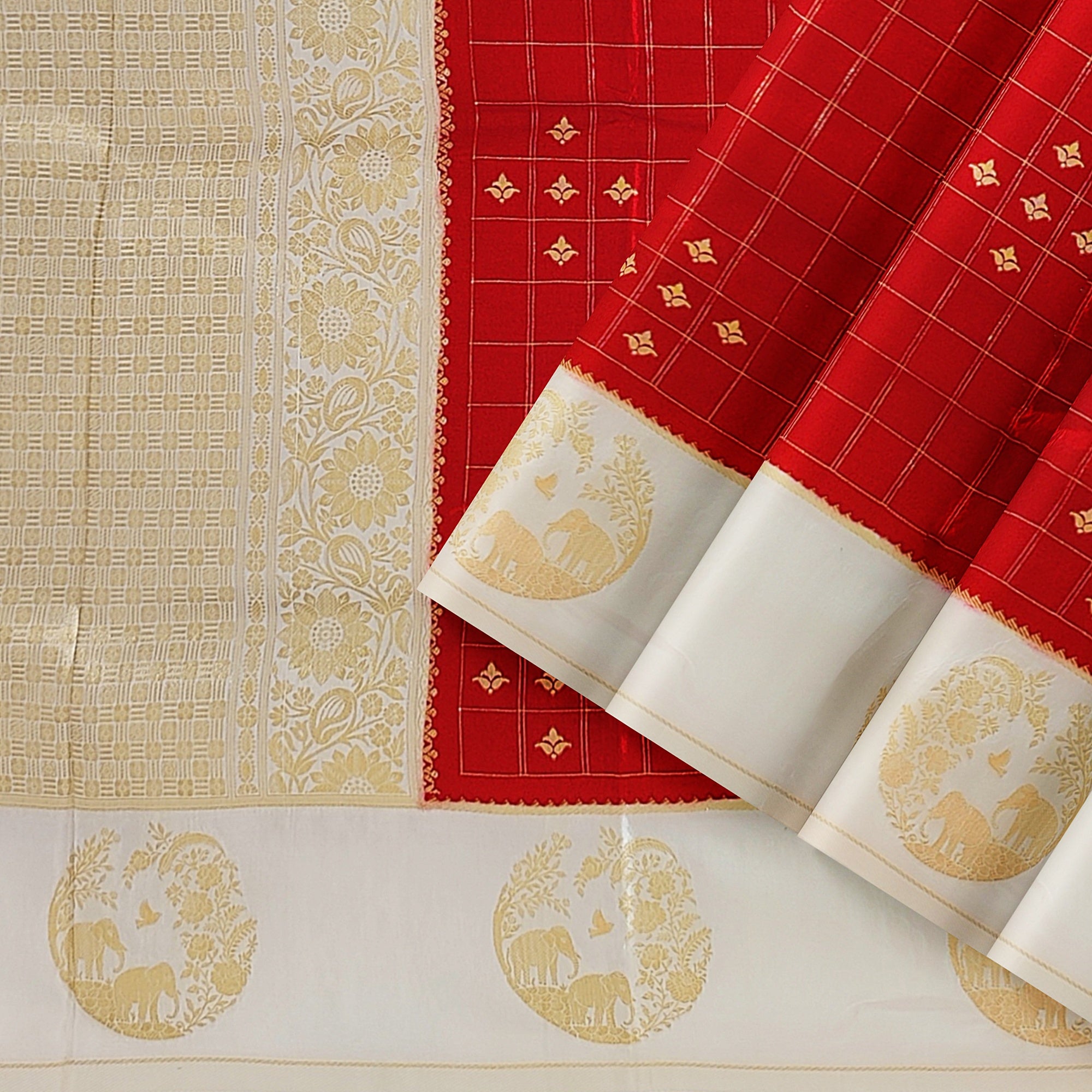 Red Georgette Saree – White Border with Elephant Butta – Shop Online