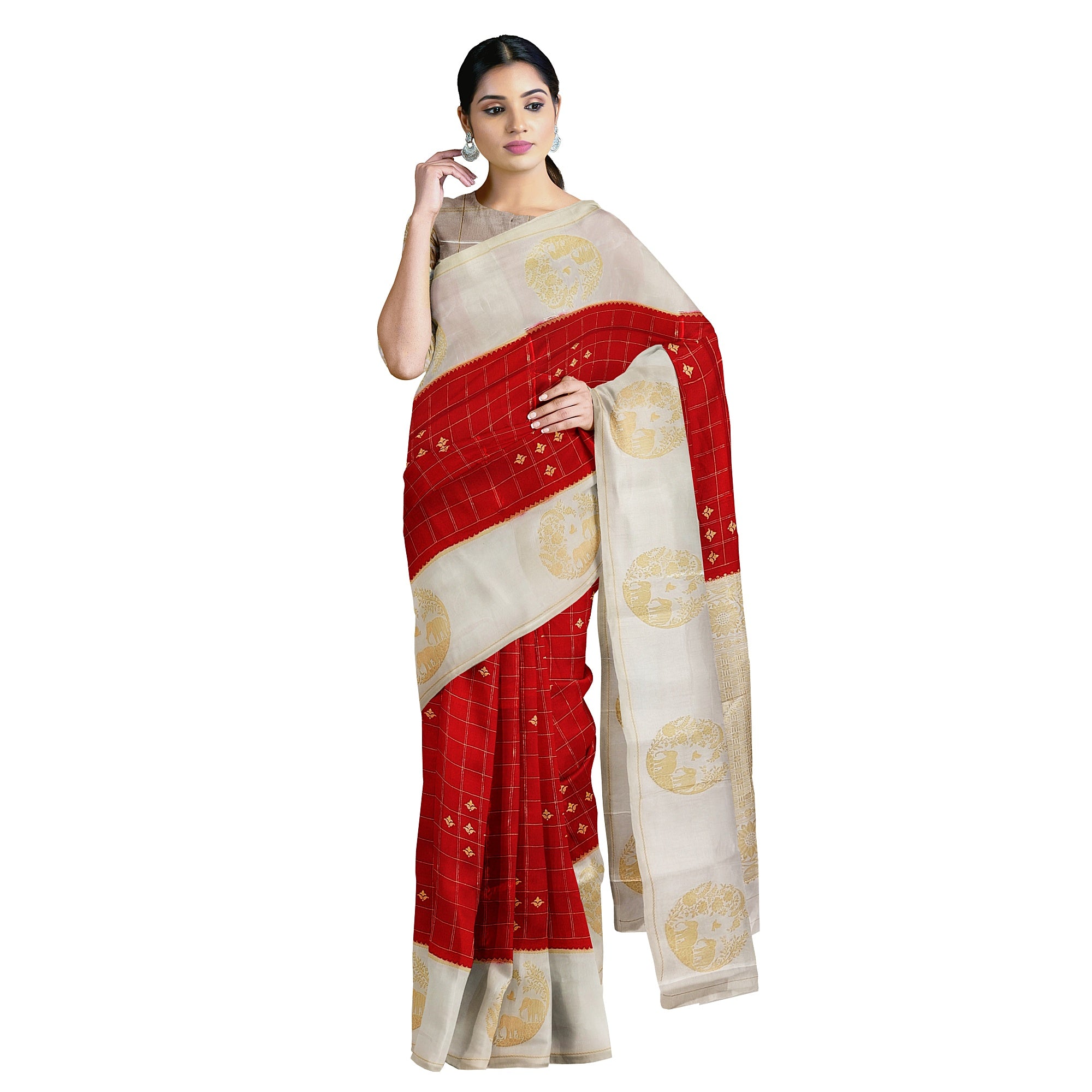 Red Georgette Saree – White Border with Elephant Butta – Shop Online