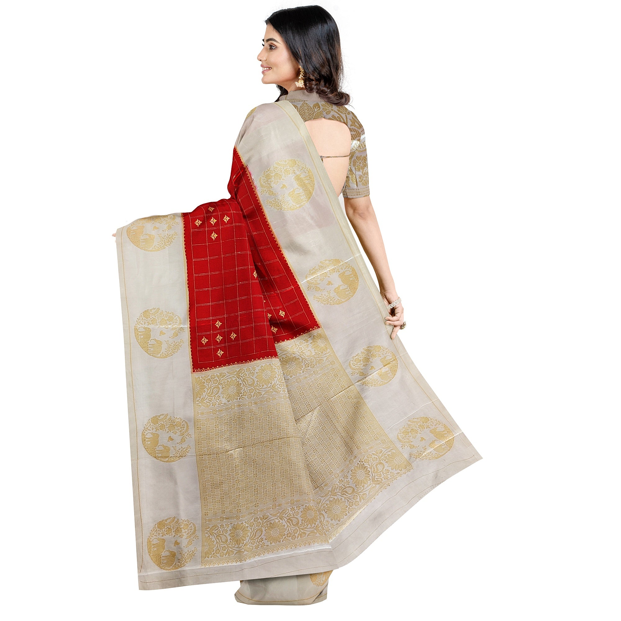 Red Georgette Saree – White Border with Elephant Butta – Shop Online