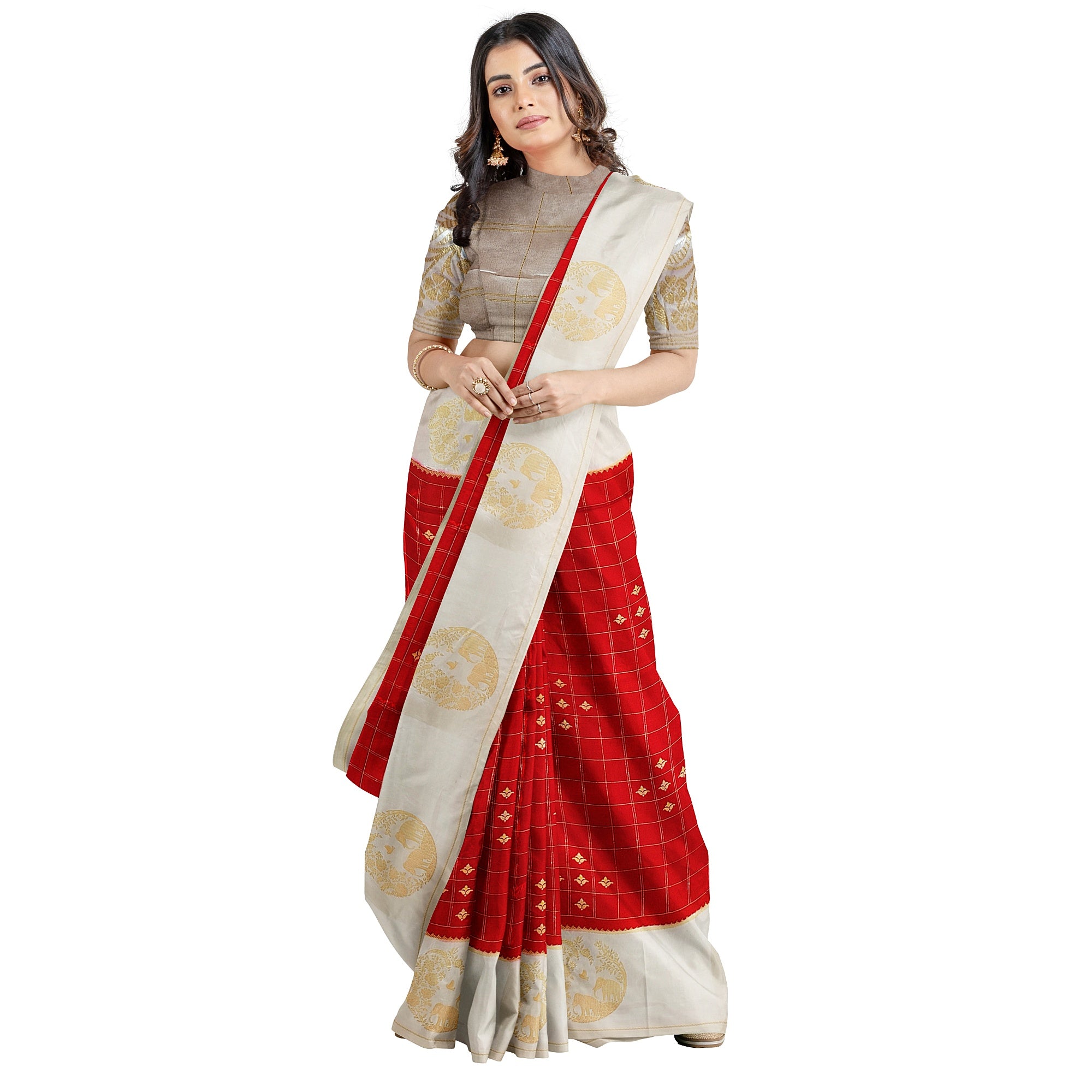Red Georgette Saree – White Border with Elephant Butta – Shop Online