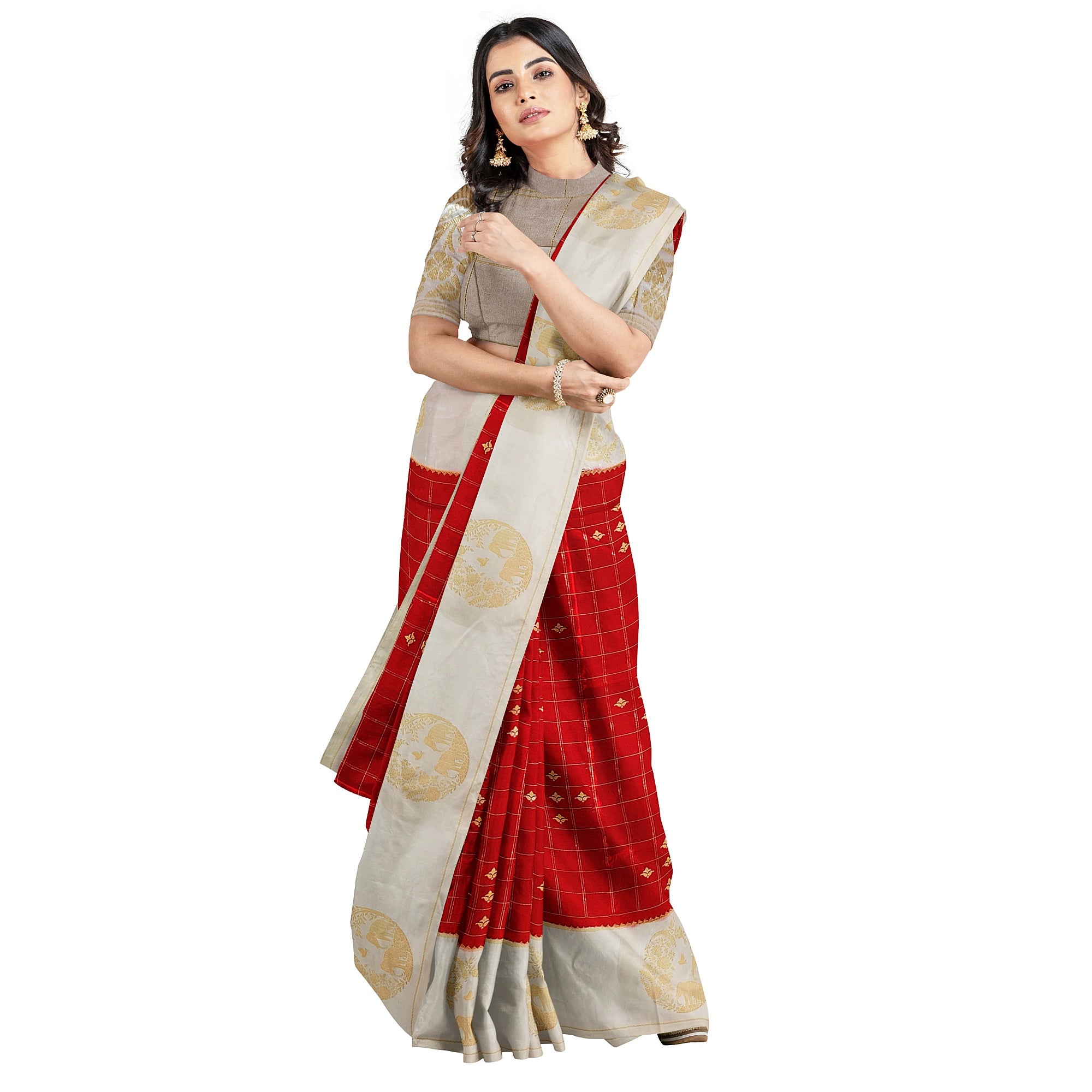 Red Georgette Saree – White Border with Elephant Butta – Shop Online