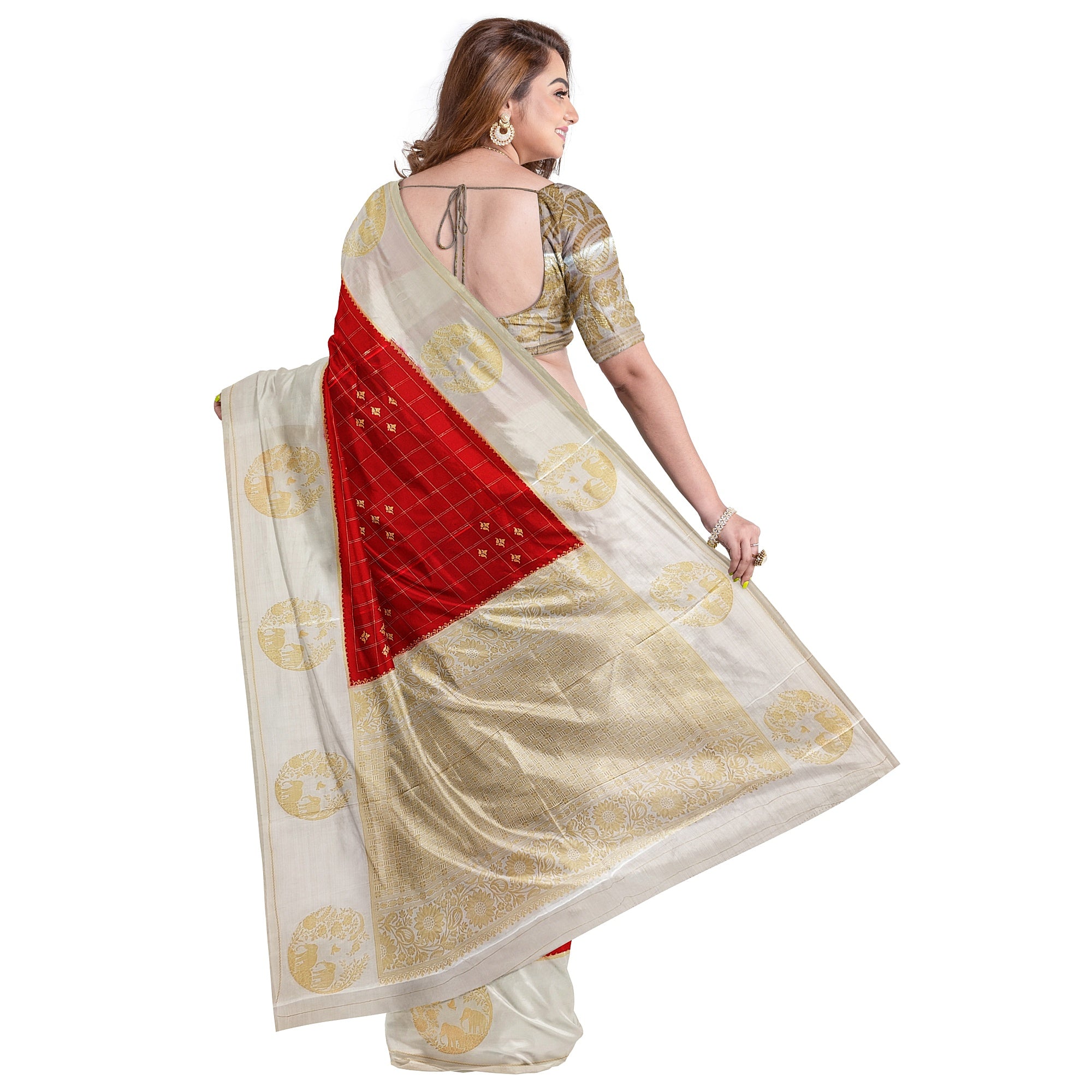 Red Georgette Saree – White Border with Elephant Butta – Shop Online