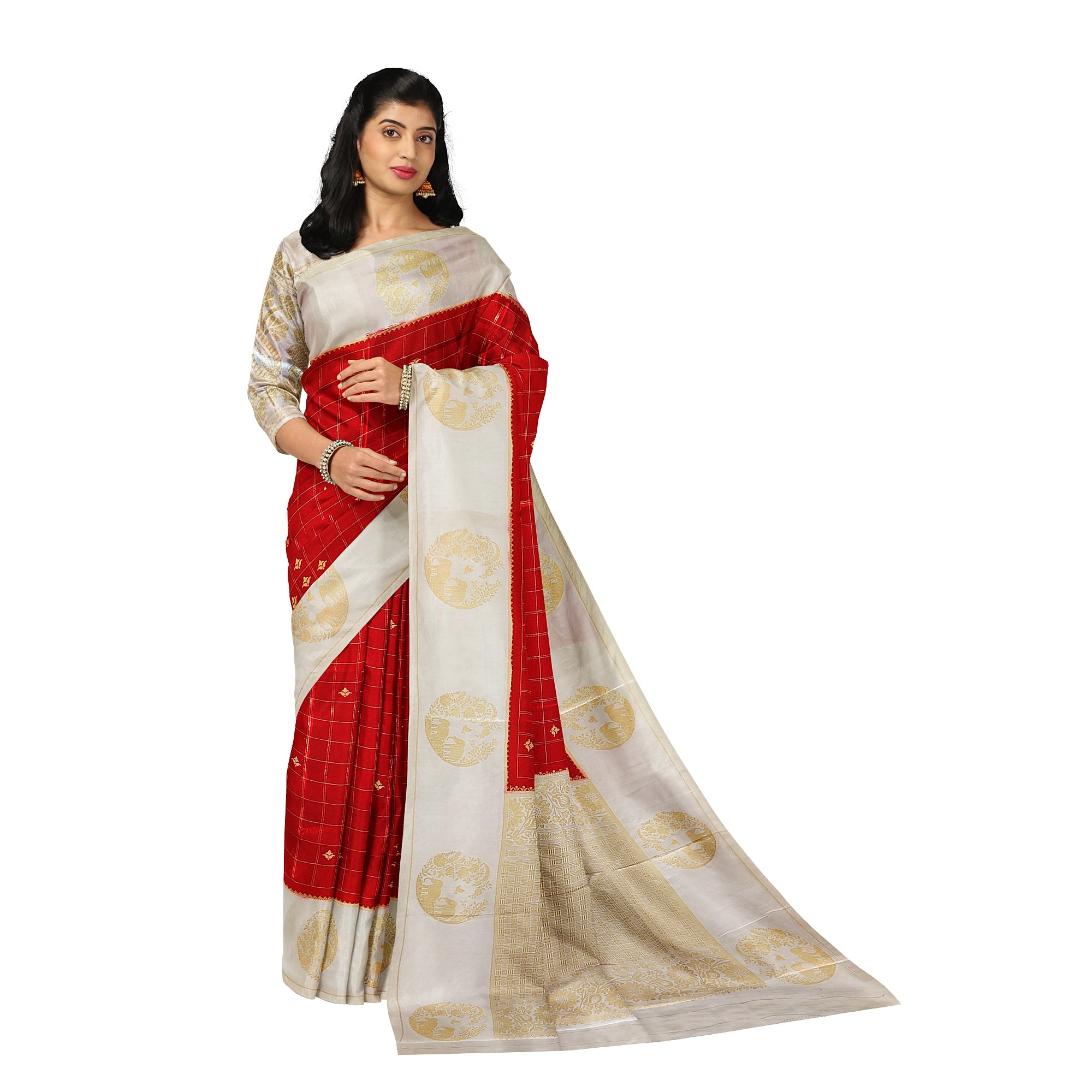 Red Georgette Saree – White Border with Elephant Butta – Shop Online