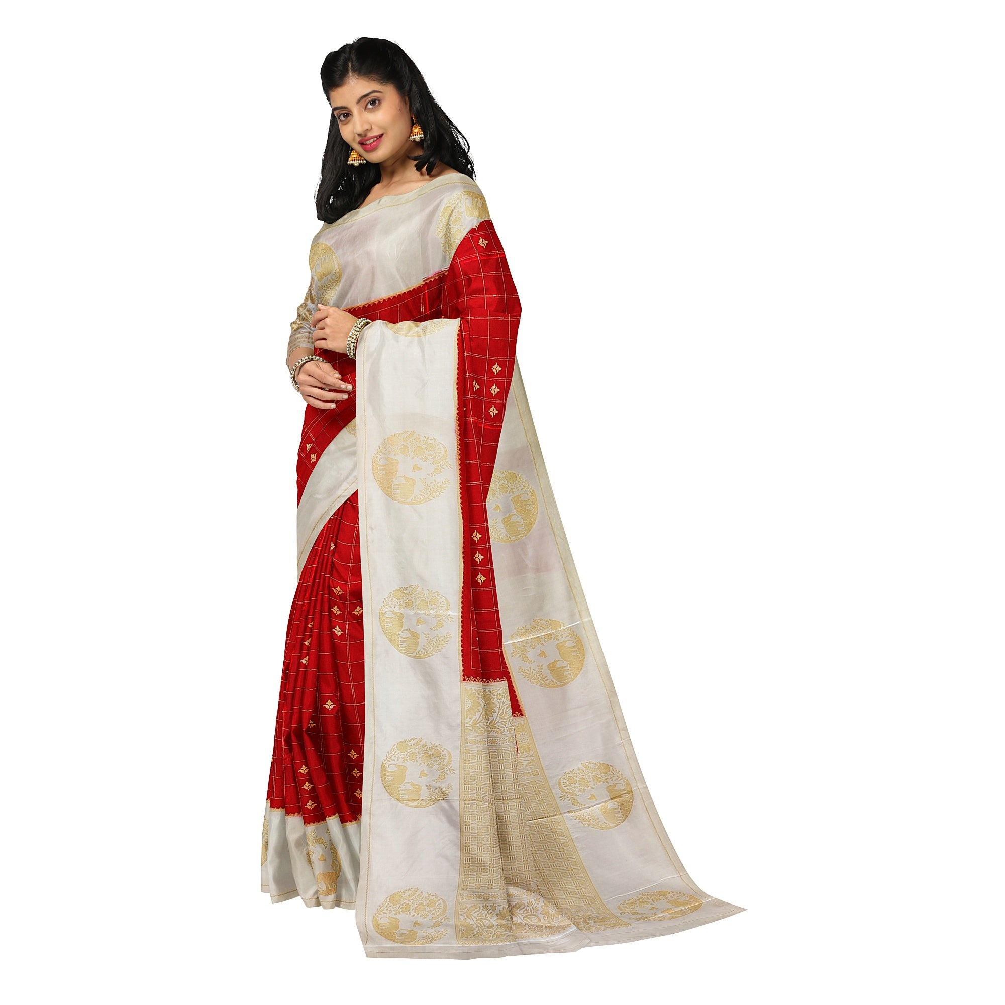 Red Georgette Saree – White Border with Elephant Butta – Shop Online