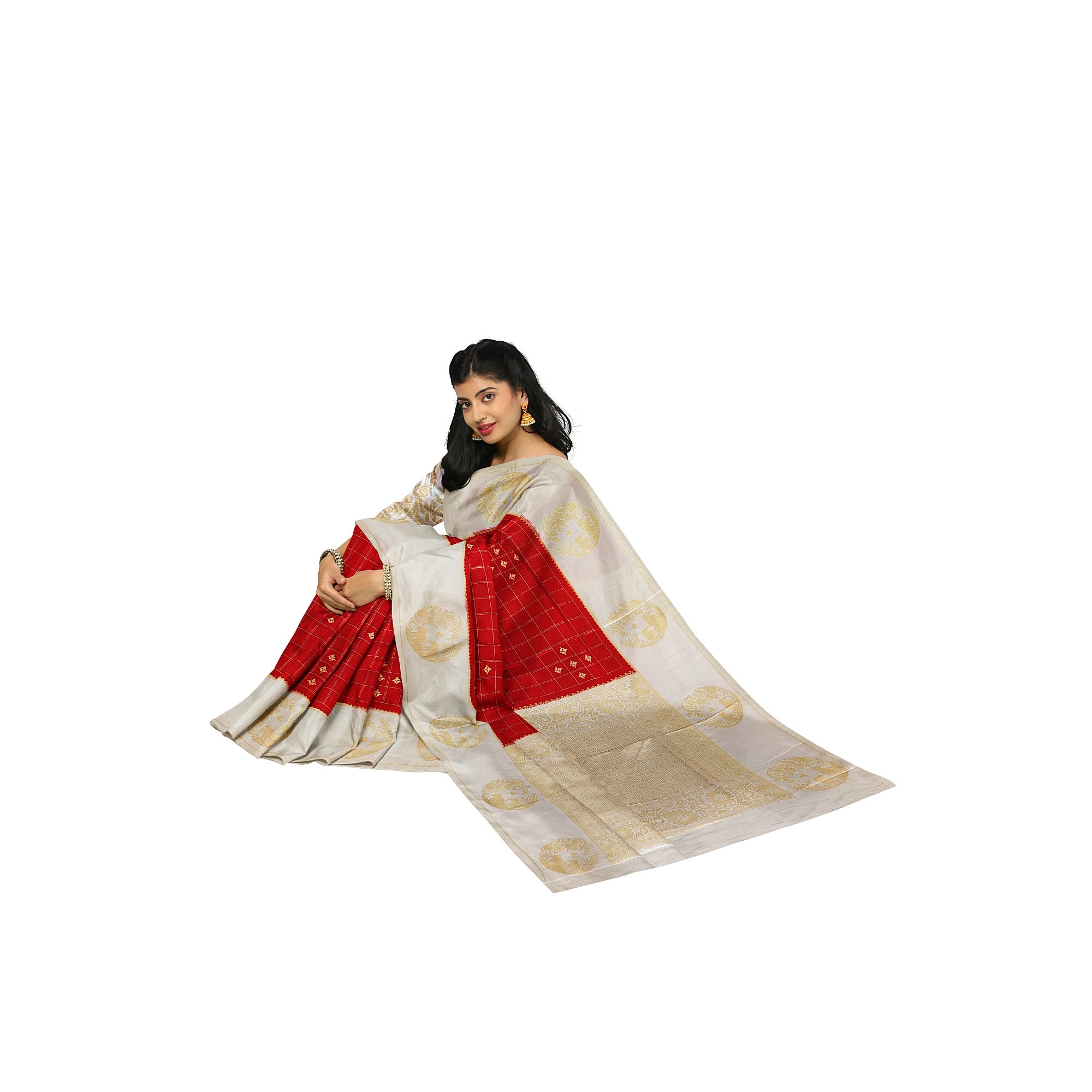 Red Georgette Saree – White Border with Elephant Butta – Shop Online