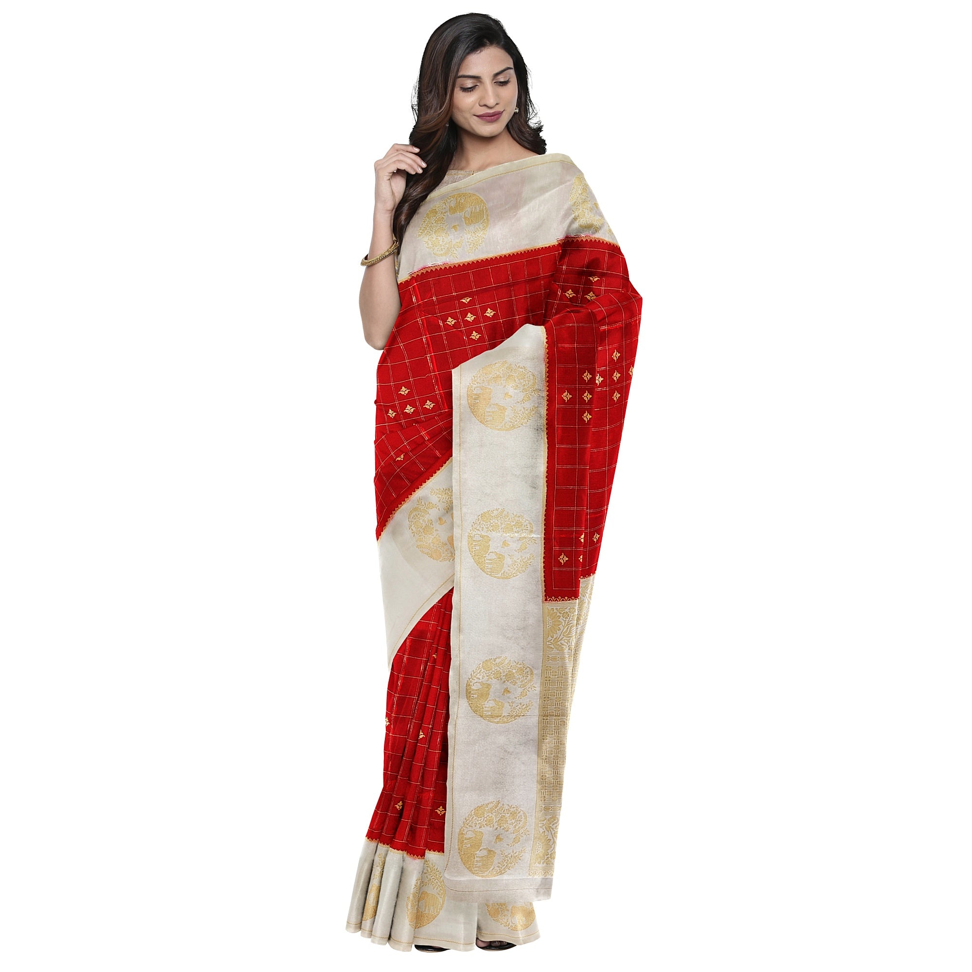 Red Georgette Saree – White Border with Elephant Butta – Shop Online