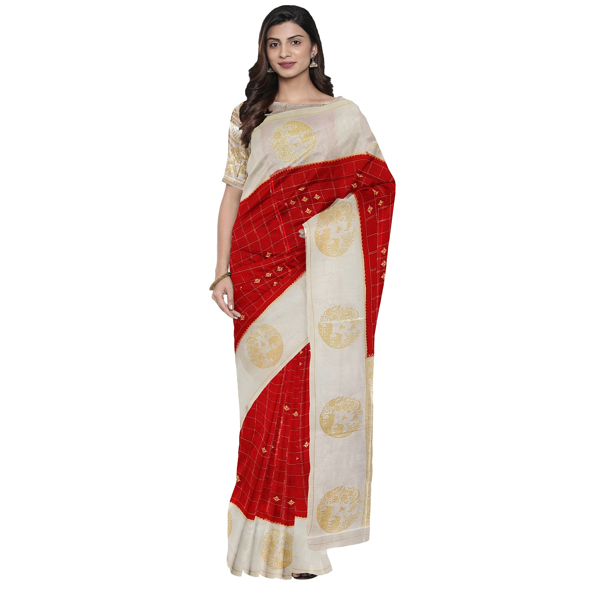 Red Georgette Saree – White Border with Elephant Butta – Shop Online