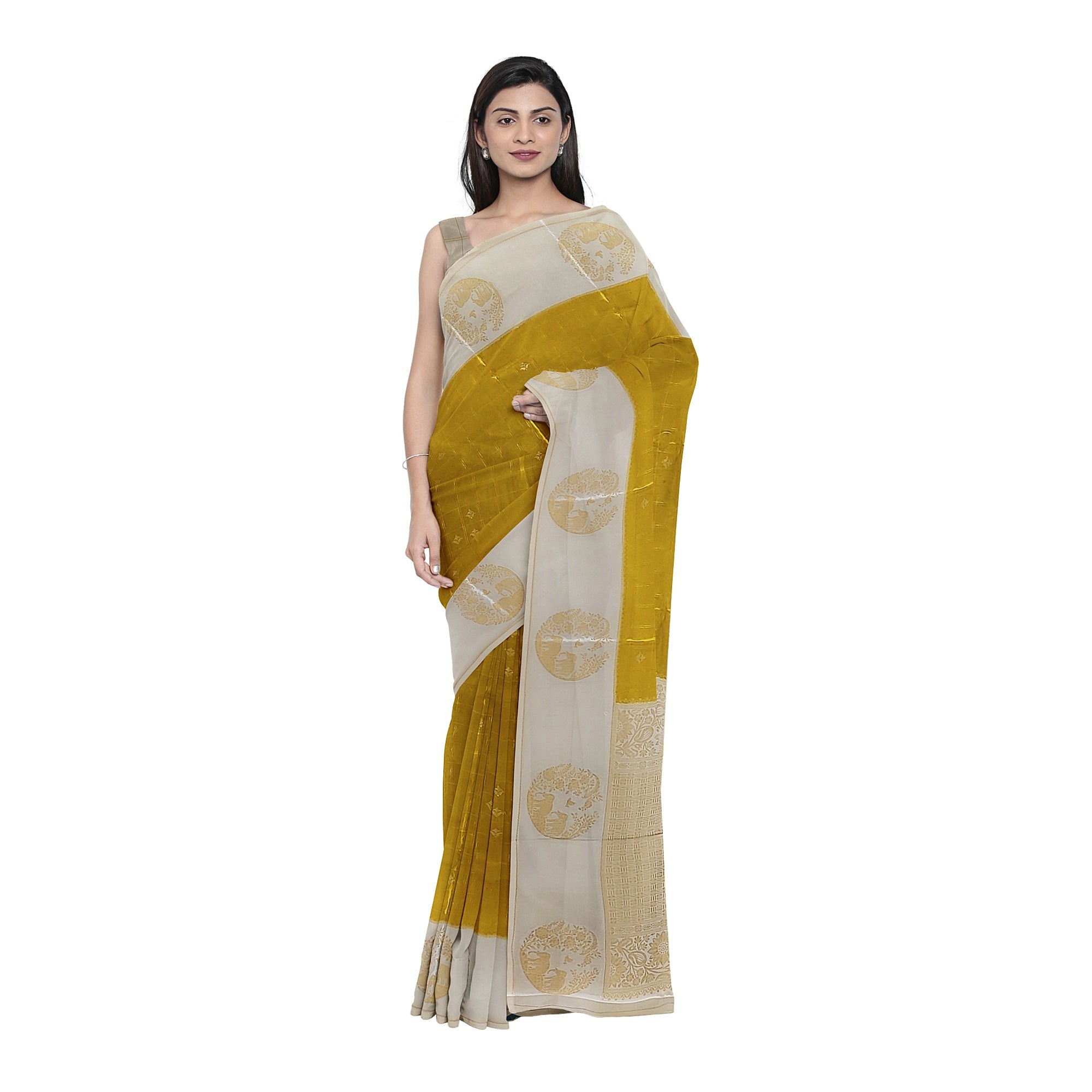 Lemon Green Georgette Saree – White Border – Shop Online