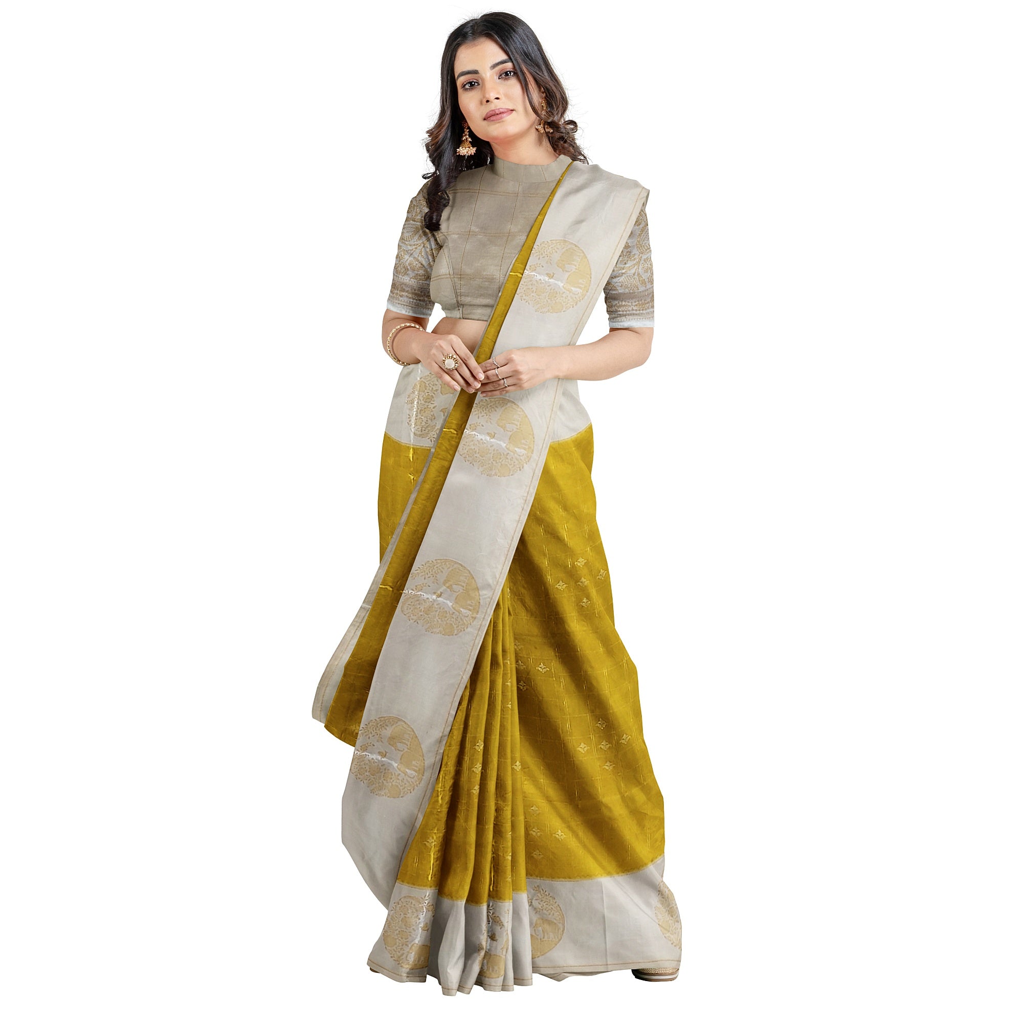 Lemon Green Georgette Saree – White Border – Shop Online