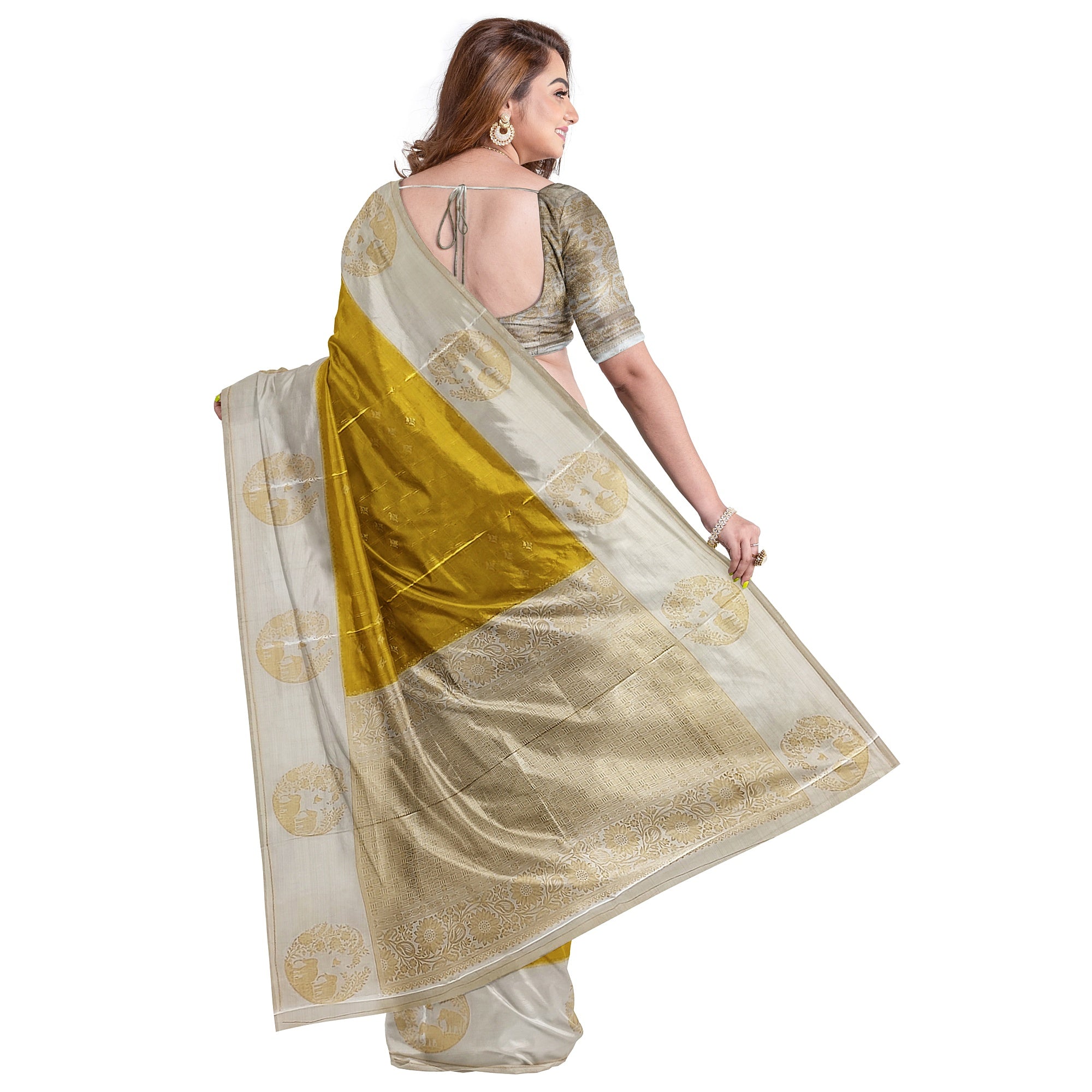 Lemon Green Georgette Saree – White Border – Shop Online
