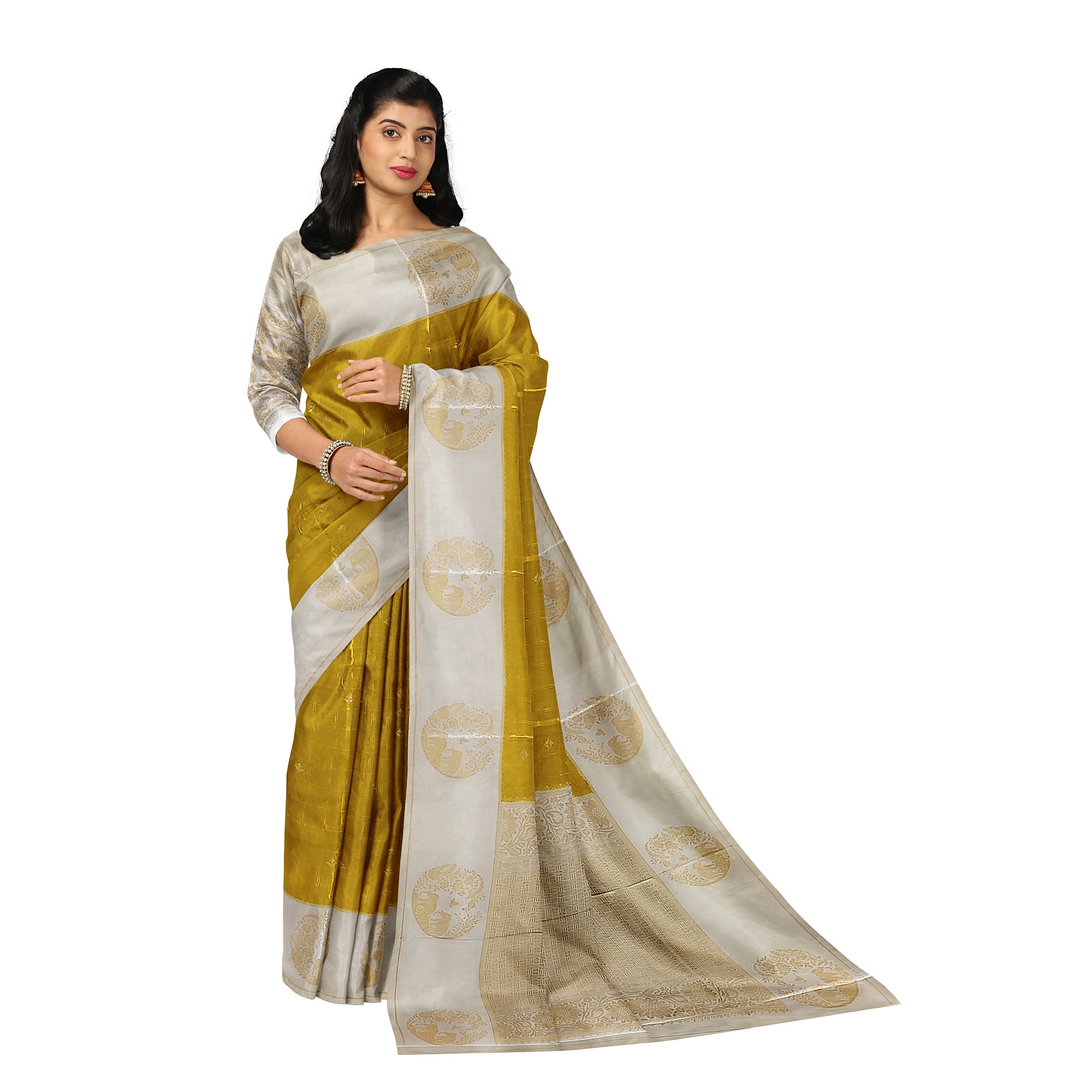 Lemon Green Georgette Saree – White Border – Shop Online
