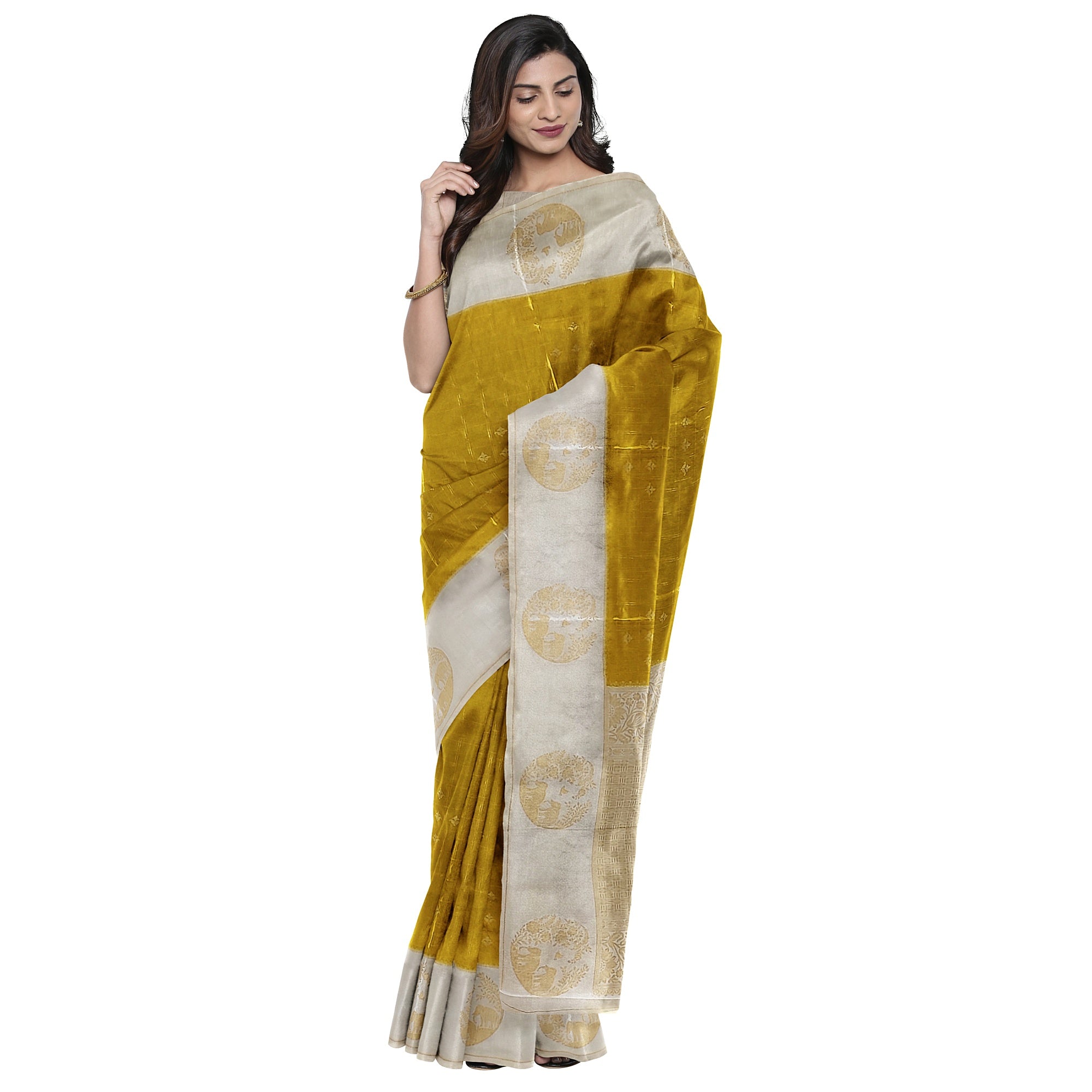 Lemon Green Georgette Saree – White Border – Shop Online