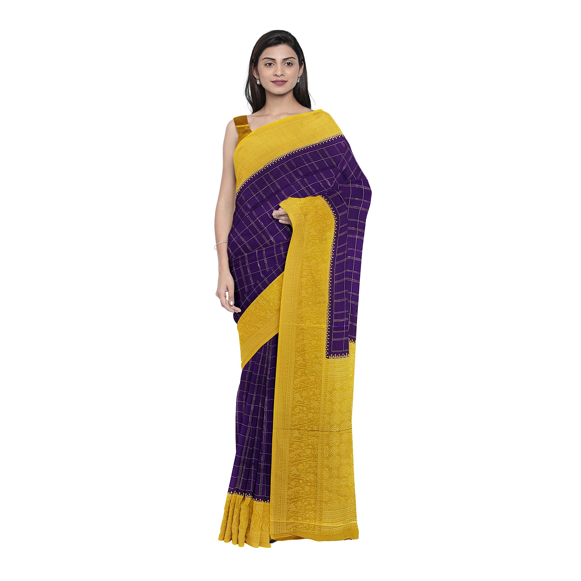 Purple Georgette Saree – Mustard Yellow Border – Shop Online