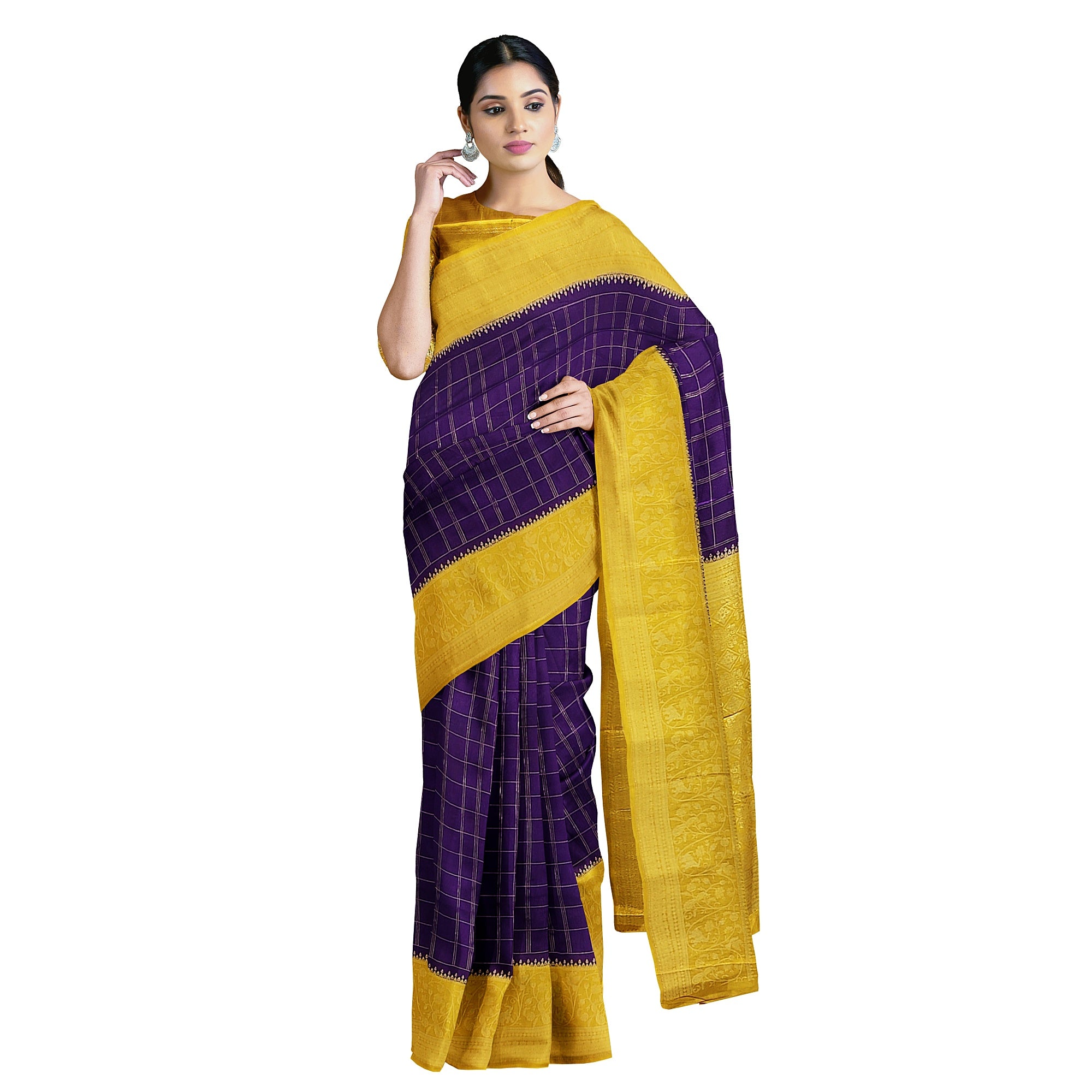 Purple Georgette Saree – Mustard Yellow Border – Shop Online