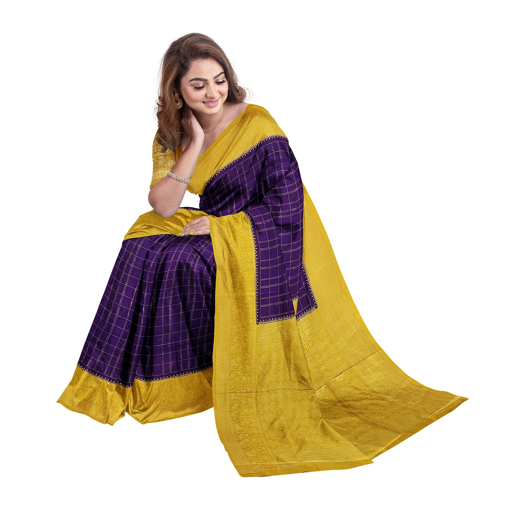 Purple Georgette Saree – Mustard Yellow Border – Shop Online