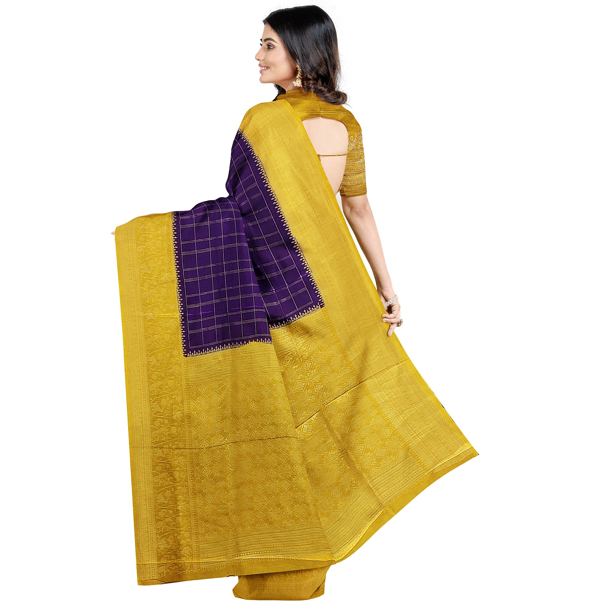 Purple Georgette Saree – Mustard Yellow Border – Shop Online
