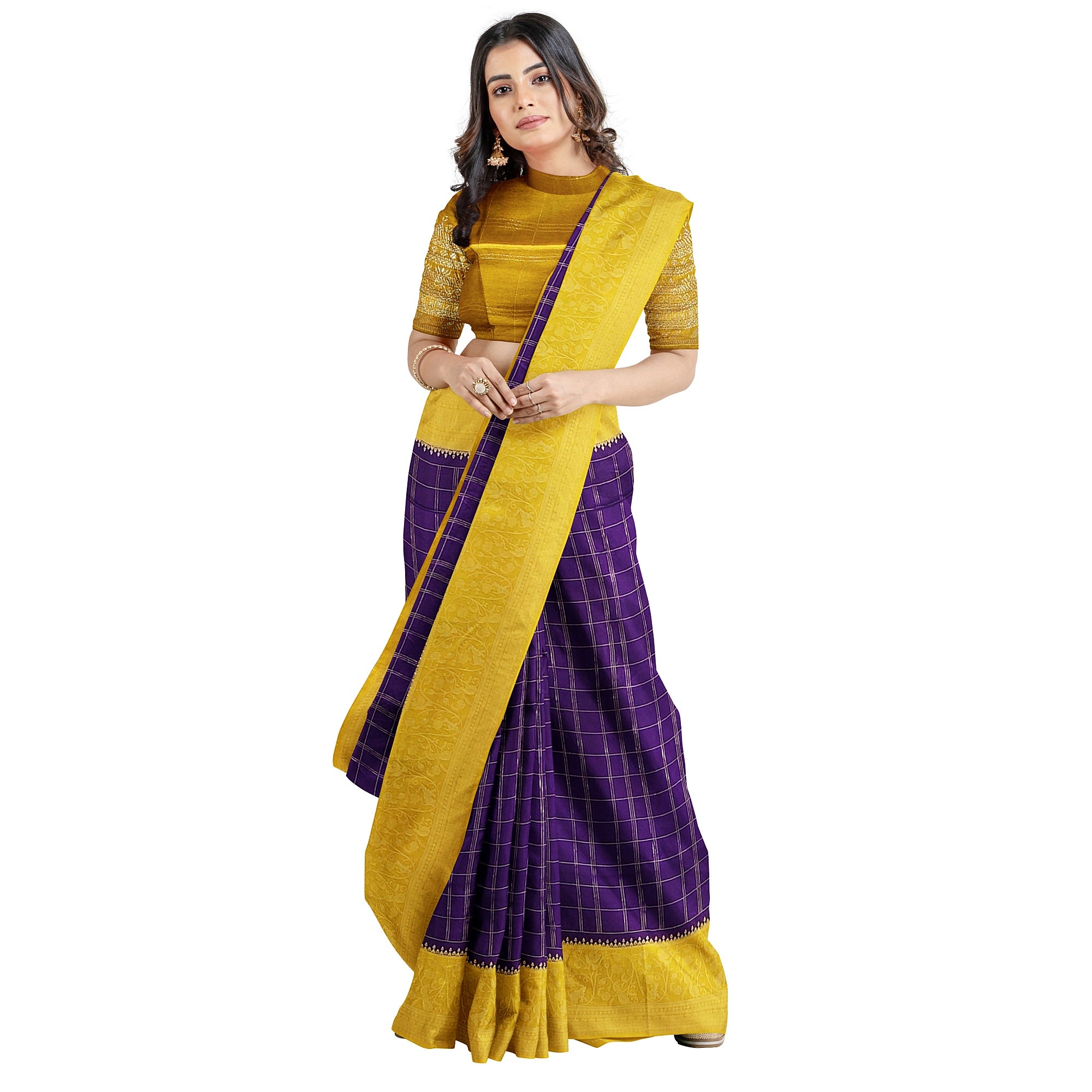 Purple Georgette Saree – Mustard Yellow Border – Shop Online