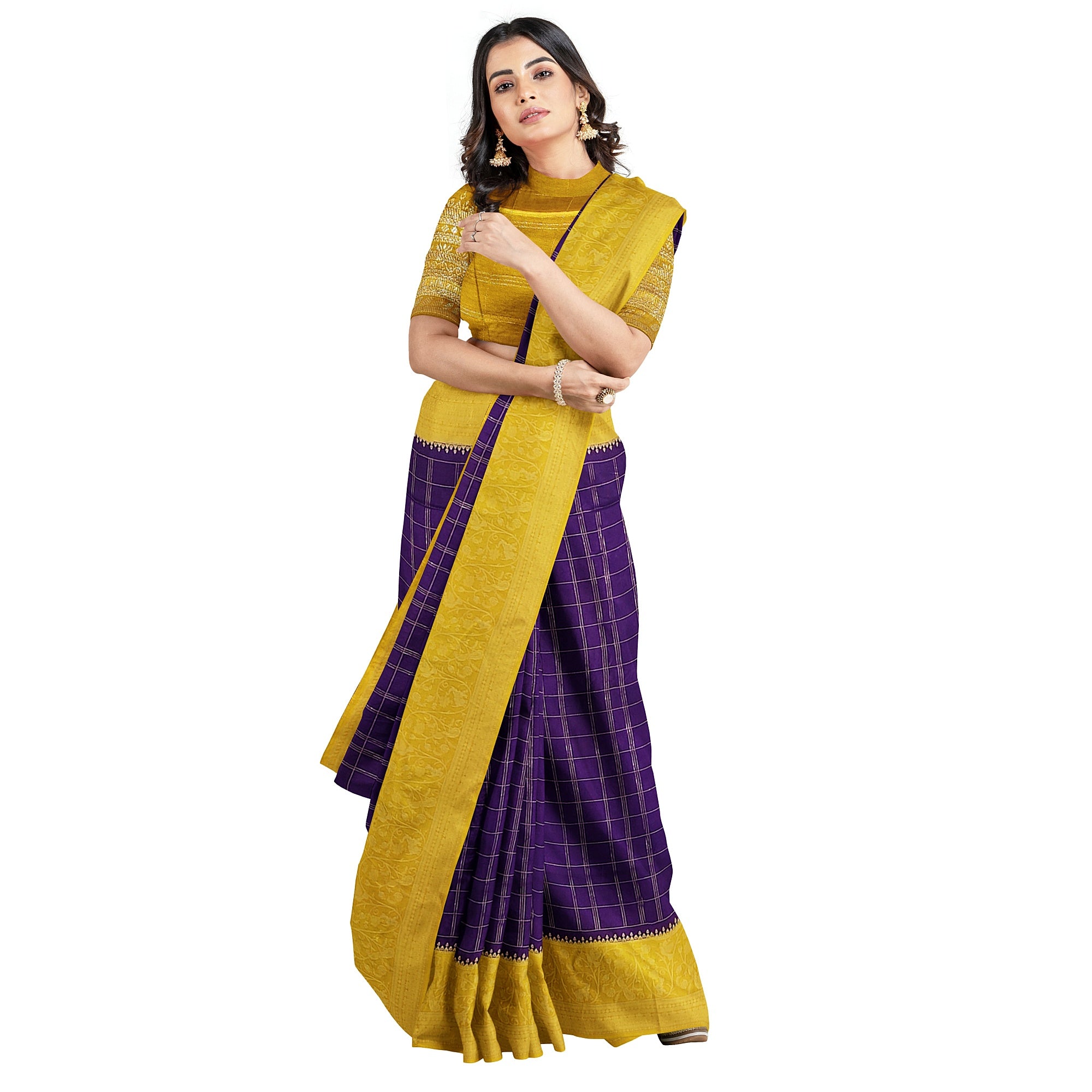 Purple Georgette Saree – Mustard Yellow Border – Shop Online
