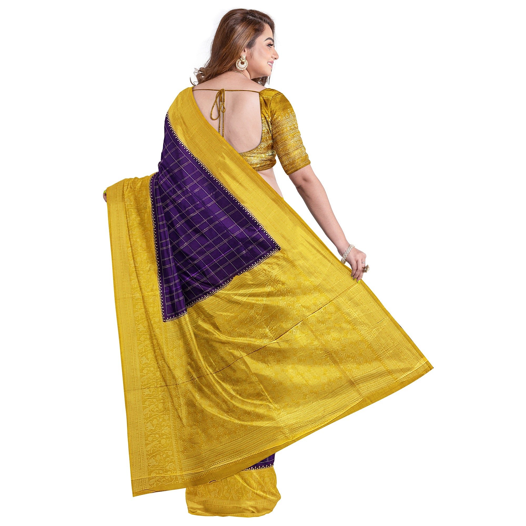 Purple Georgette Saree – Mustard Yellow Border – Shop Online