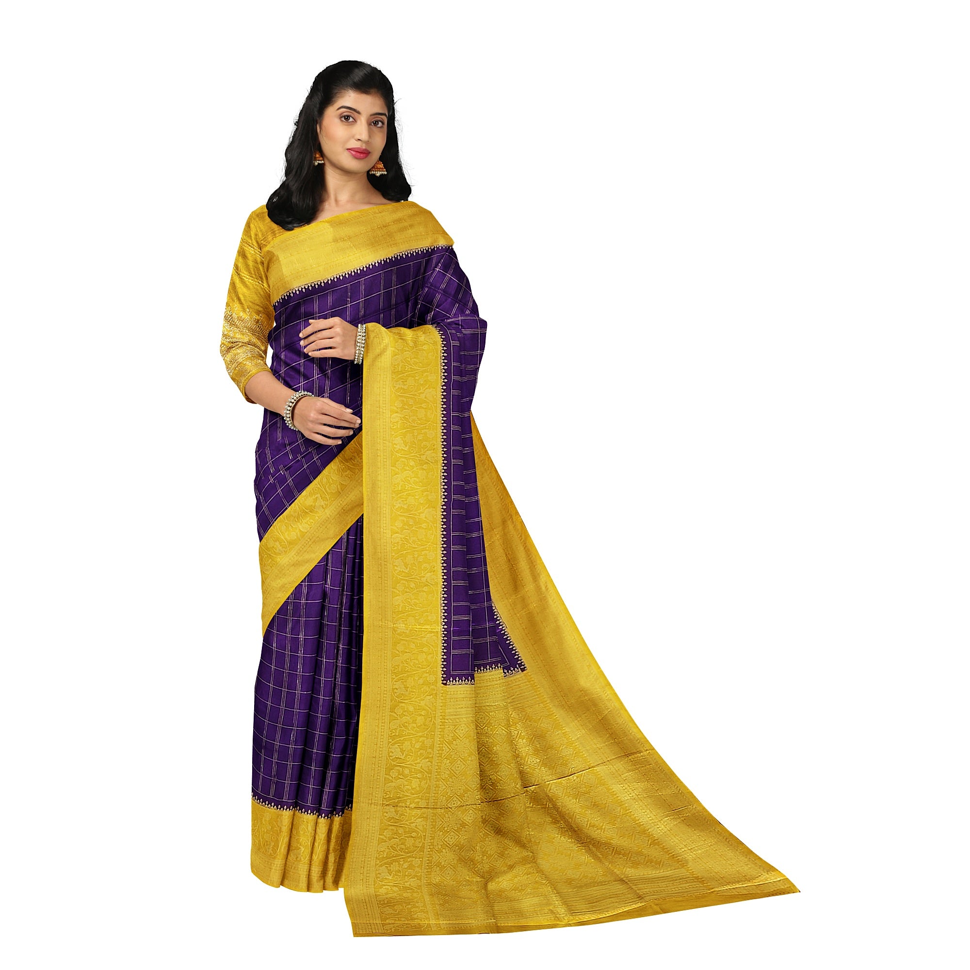 Purple Georgette Saree – Mustard Yellow Border – Shop Online