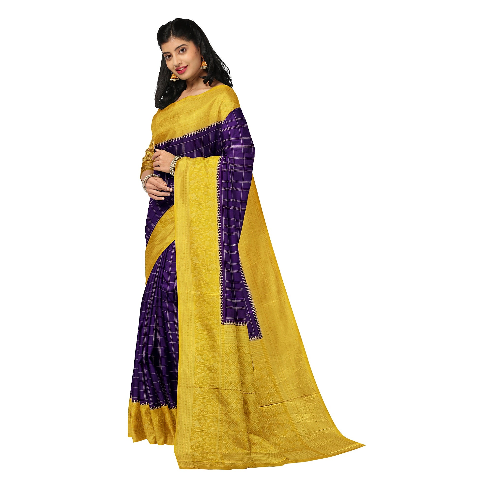 Purple Georgette Saree – Mustard Yellow Border – Shop Online