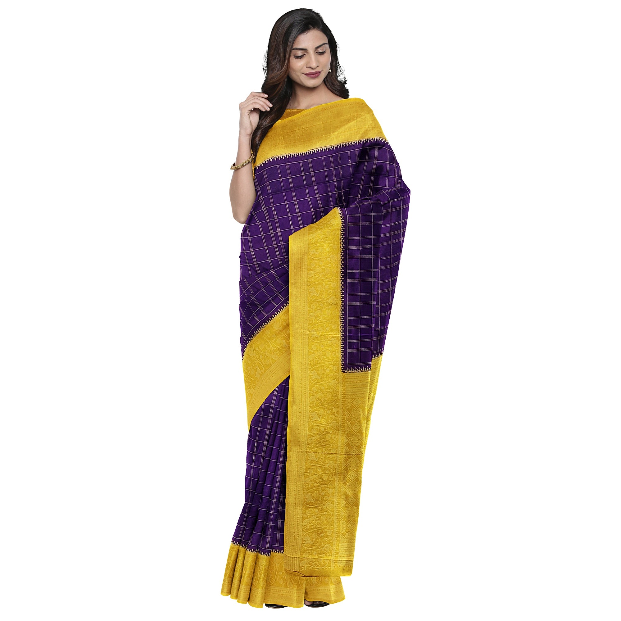 Purple Georgette Saree – Mustard Yellow Border – Shop Online
