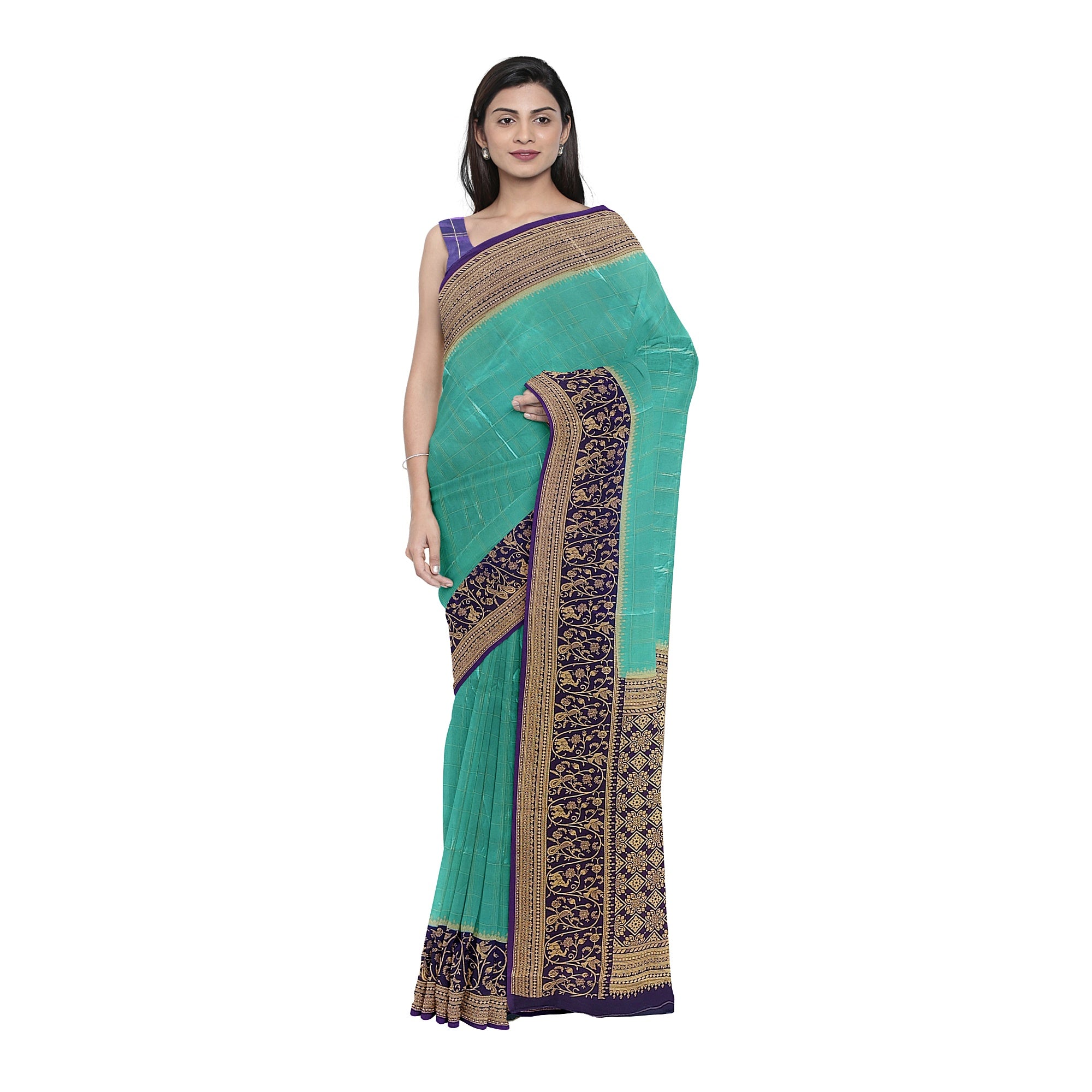 Rama Blue Georgette Saree – Purple Border – Shop Online