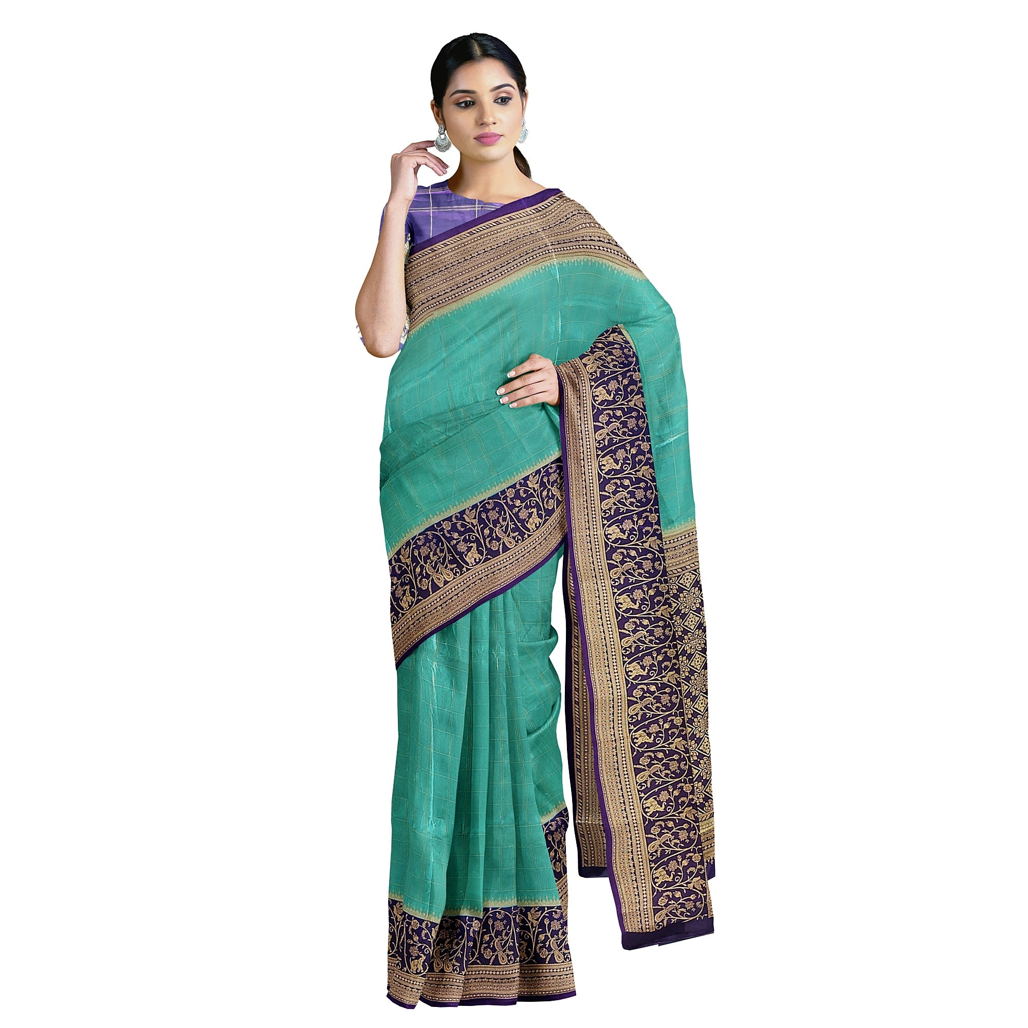 Rama Blue Georgette Saree – Purple Border – Shop Online