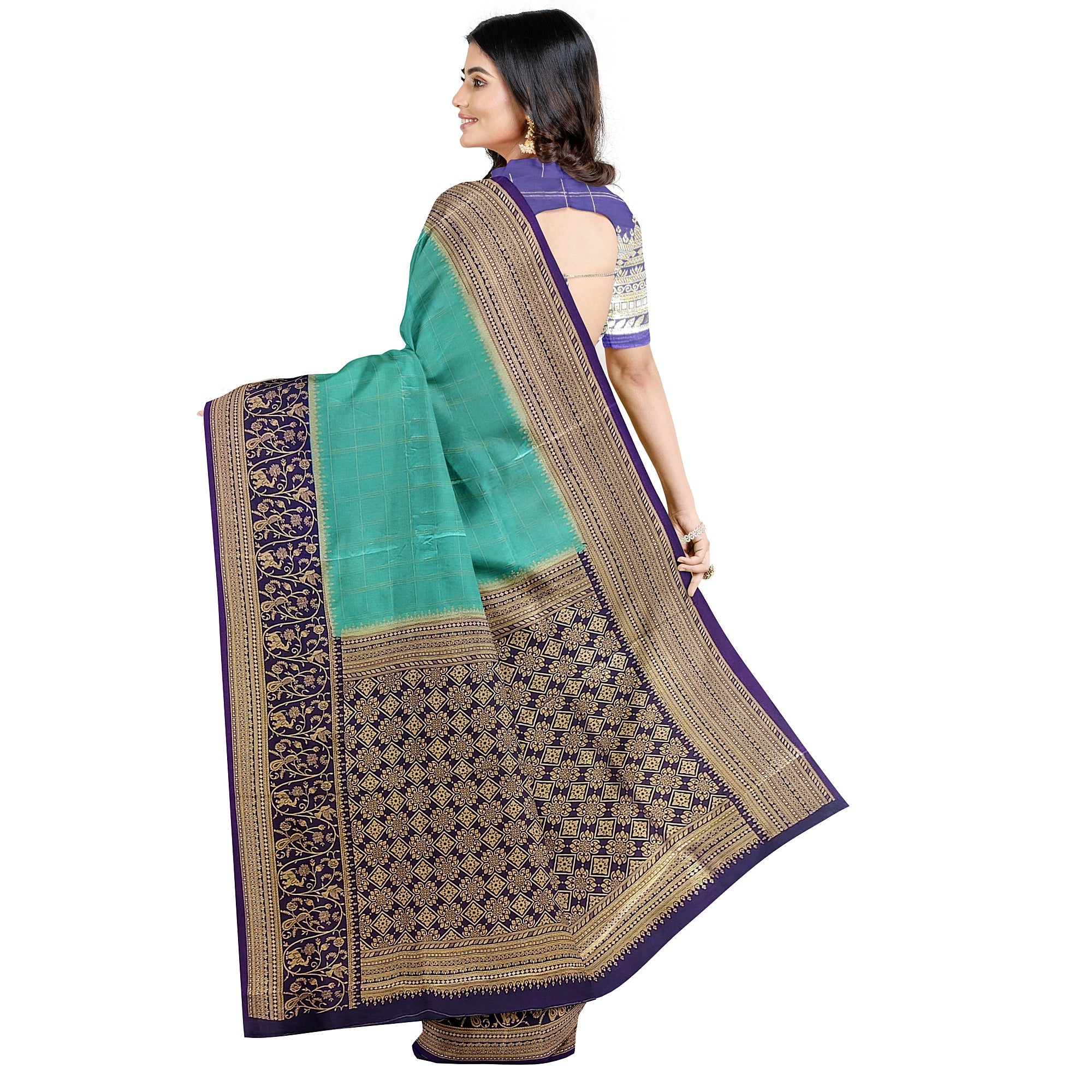 Rama Blue Georgette Saree – Purple Border – Shop Online