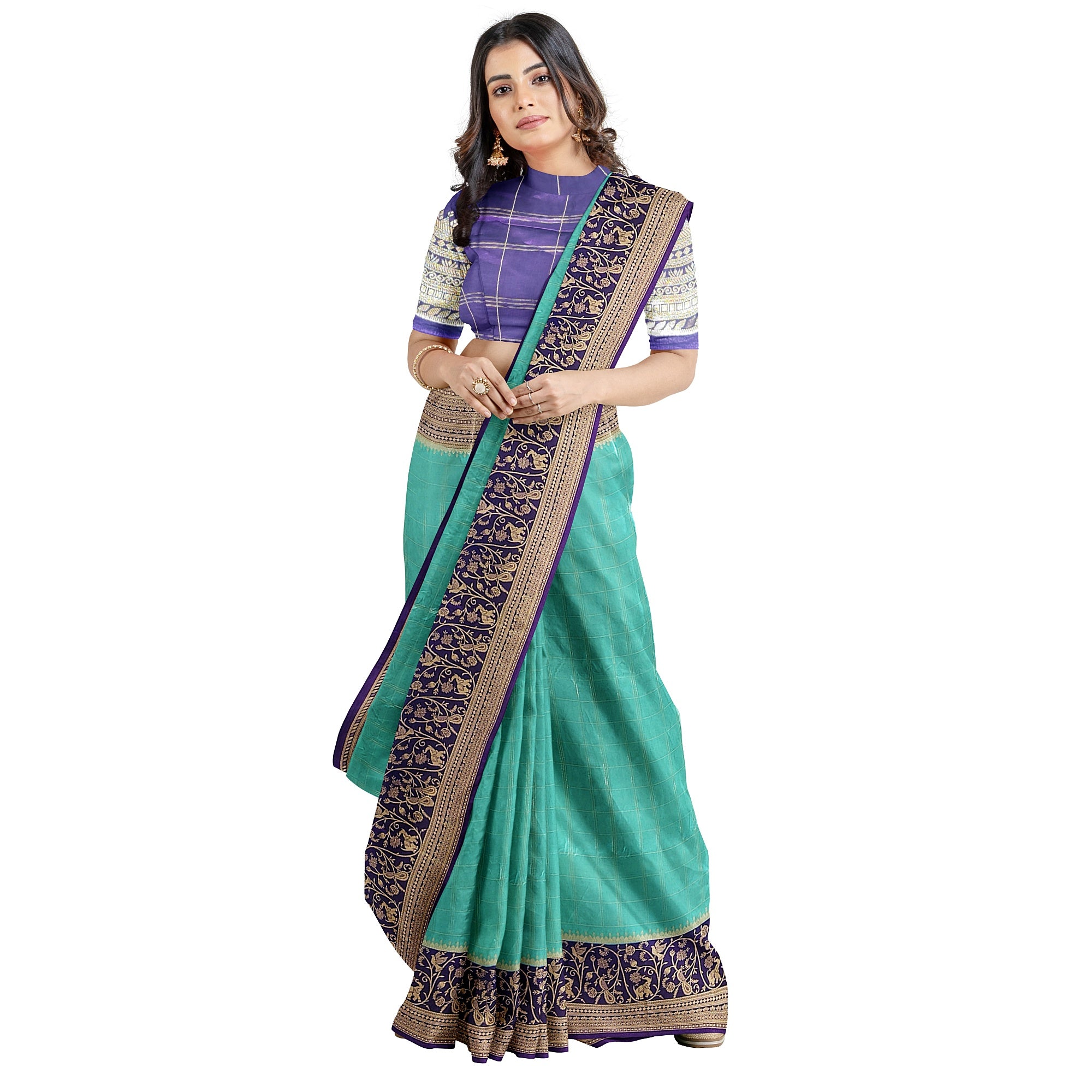 Rama Blue Georgette Saree – Purple Border – Shop Online