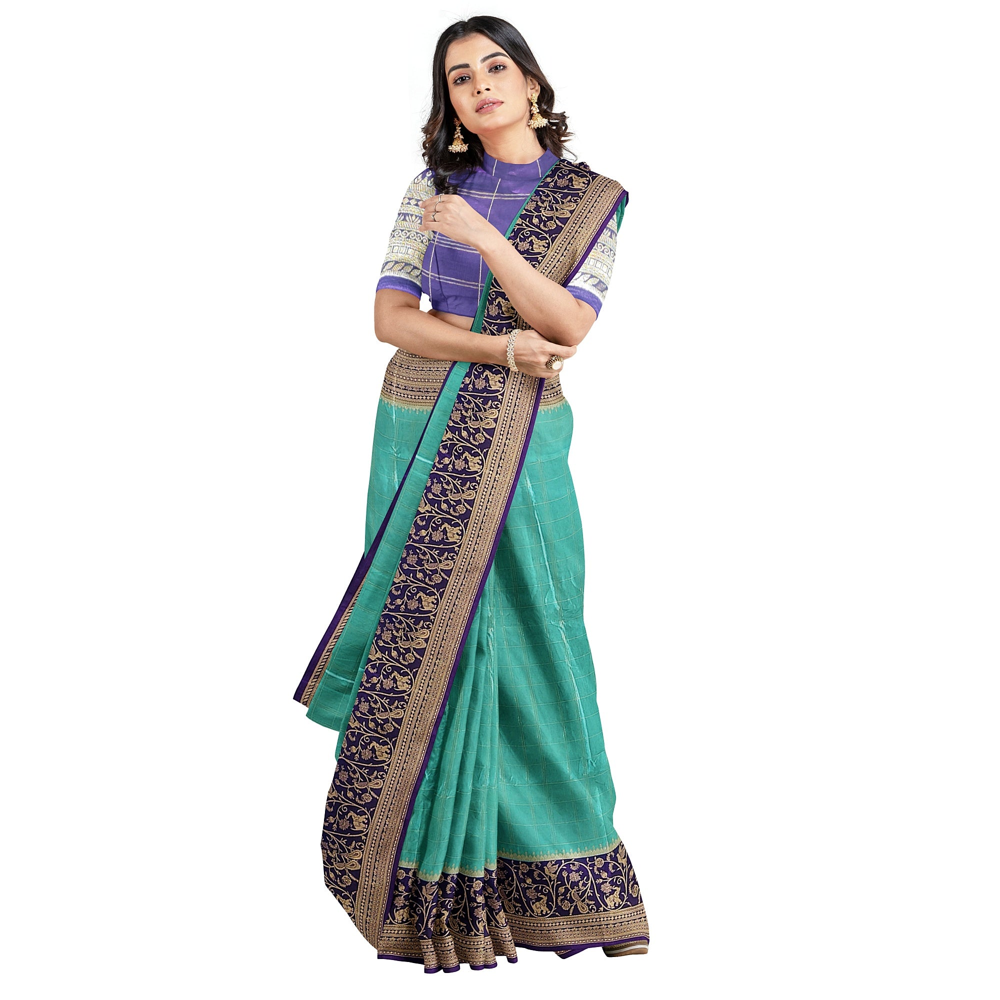 Rama Blue Georgette Saree – Purple Border – Shop Online