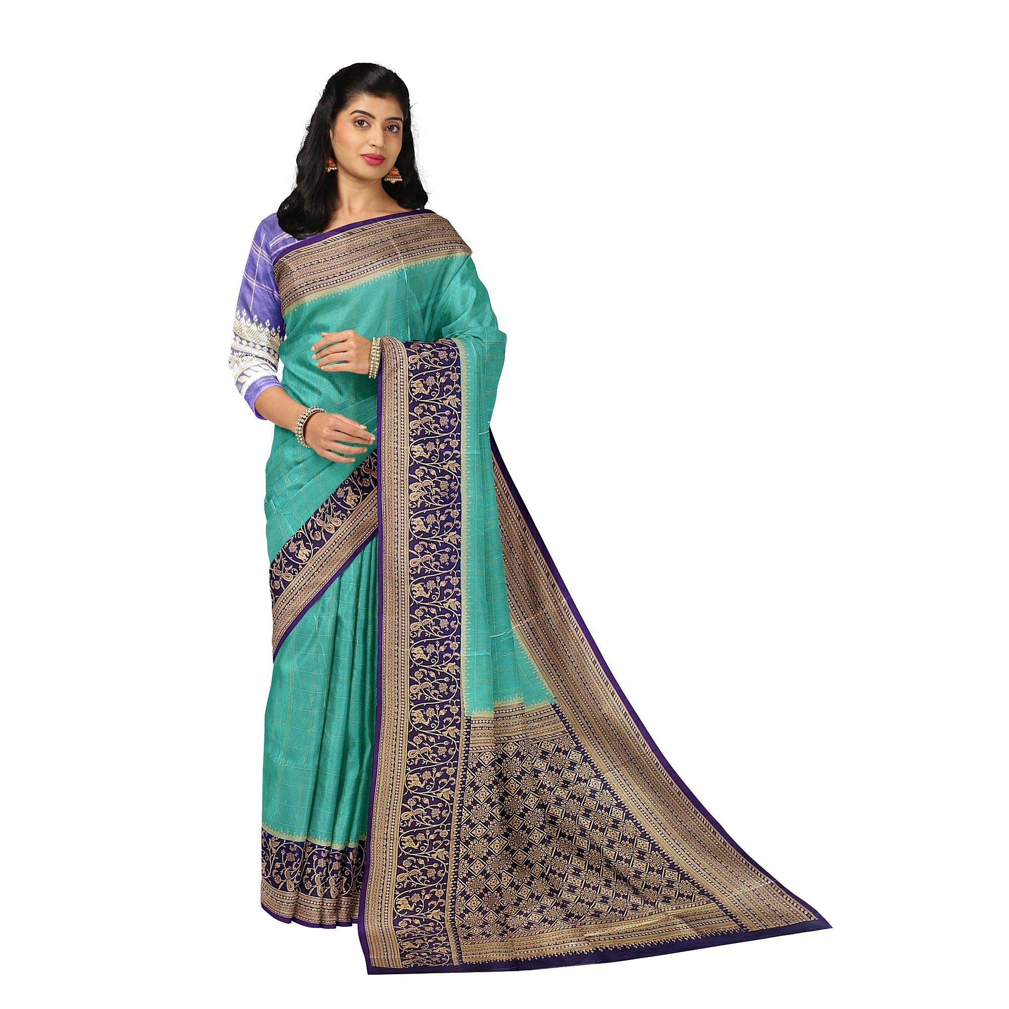 Rama Blue Georgette Saree – Purple Border – Shop Online