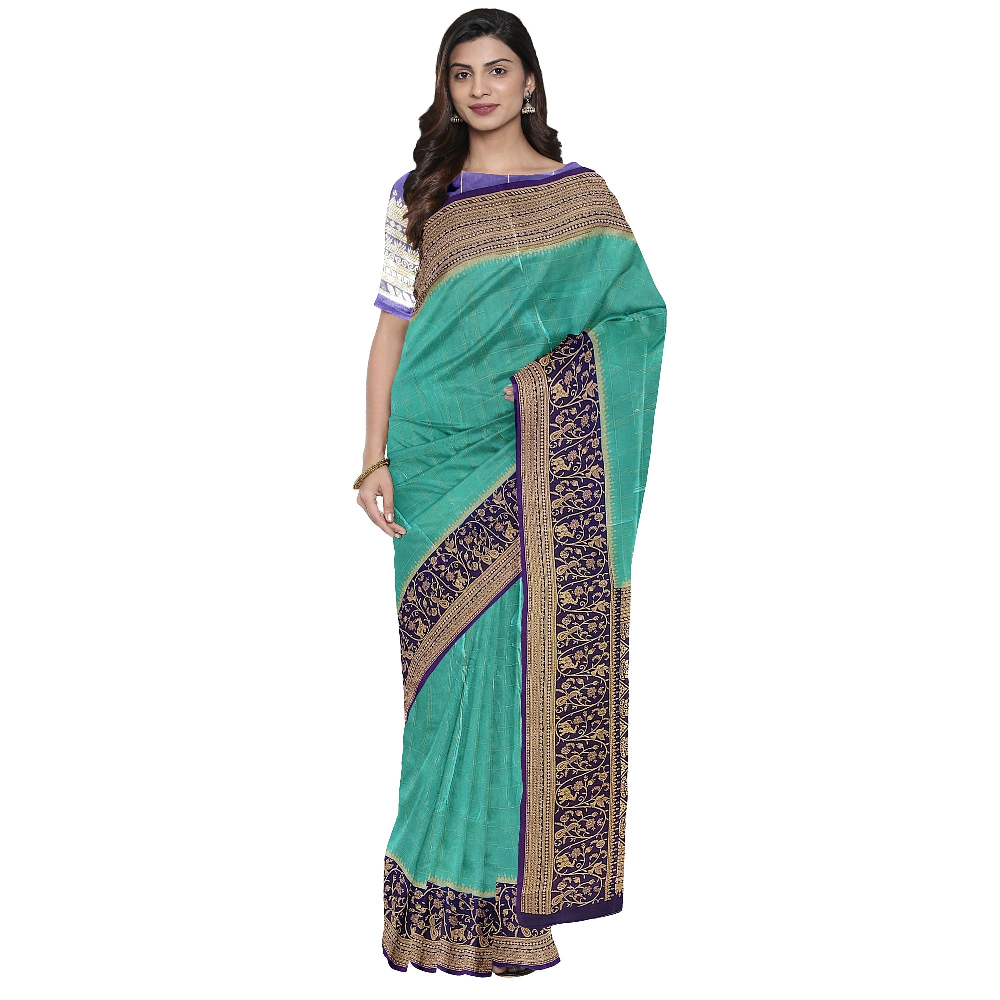 Rama Blue Georgette Saree – Purple Border – Shop Online