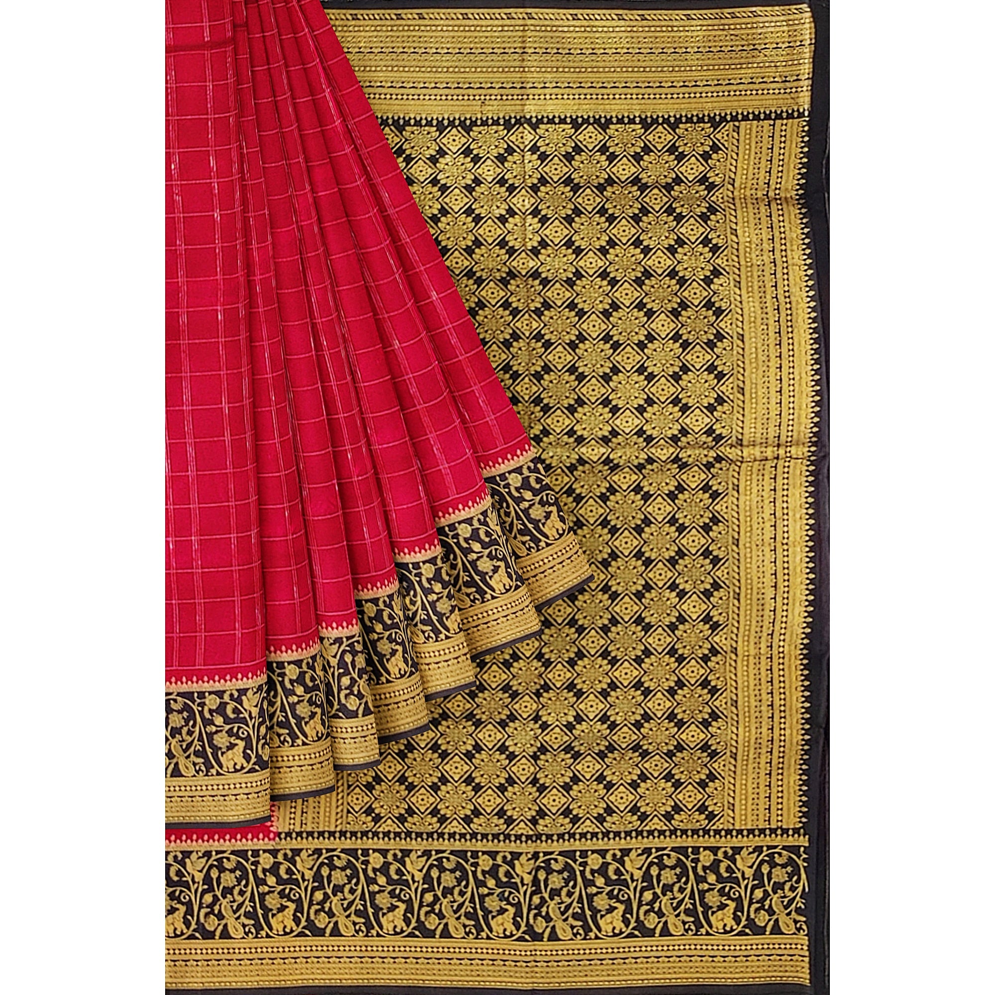 Pink Checked Georgette Saree – Black Fancy Border – Lightweight – Shop Online