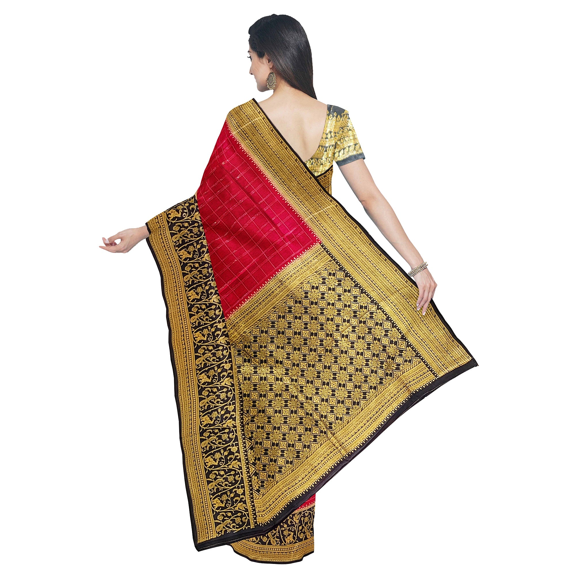 Pink Checked Georgette Saree – Black Fancy Border – Lightweight – Shop Online