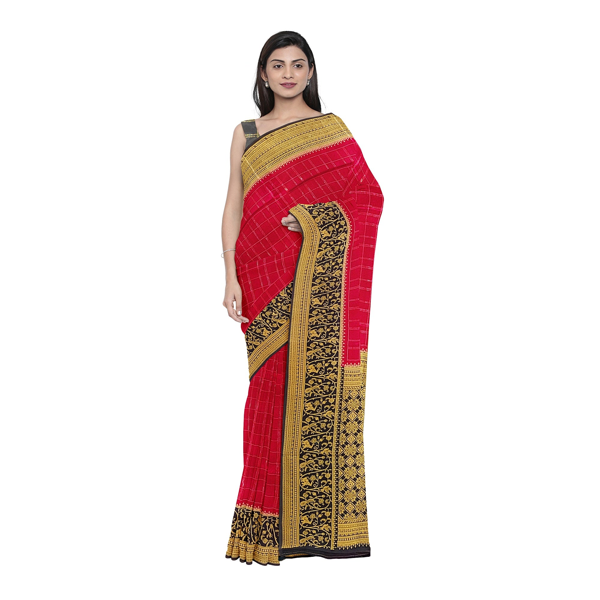 Pink Checked Georgette Saree – Black Fancy Border – Lightweight – Shop Online