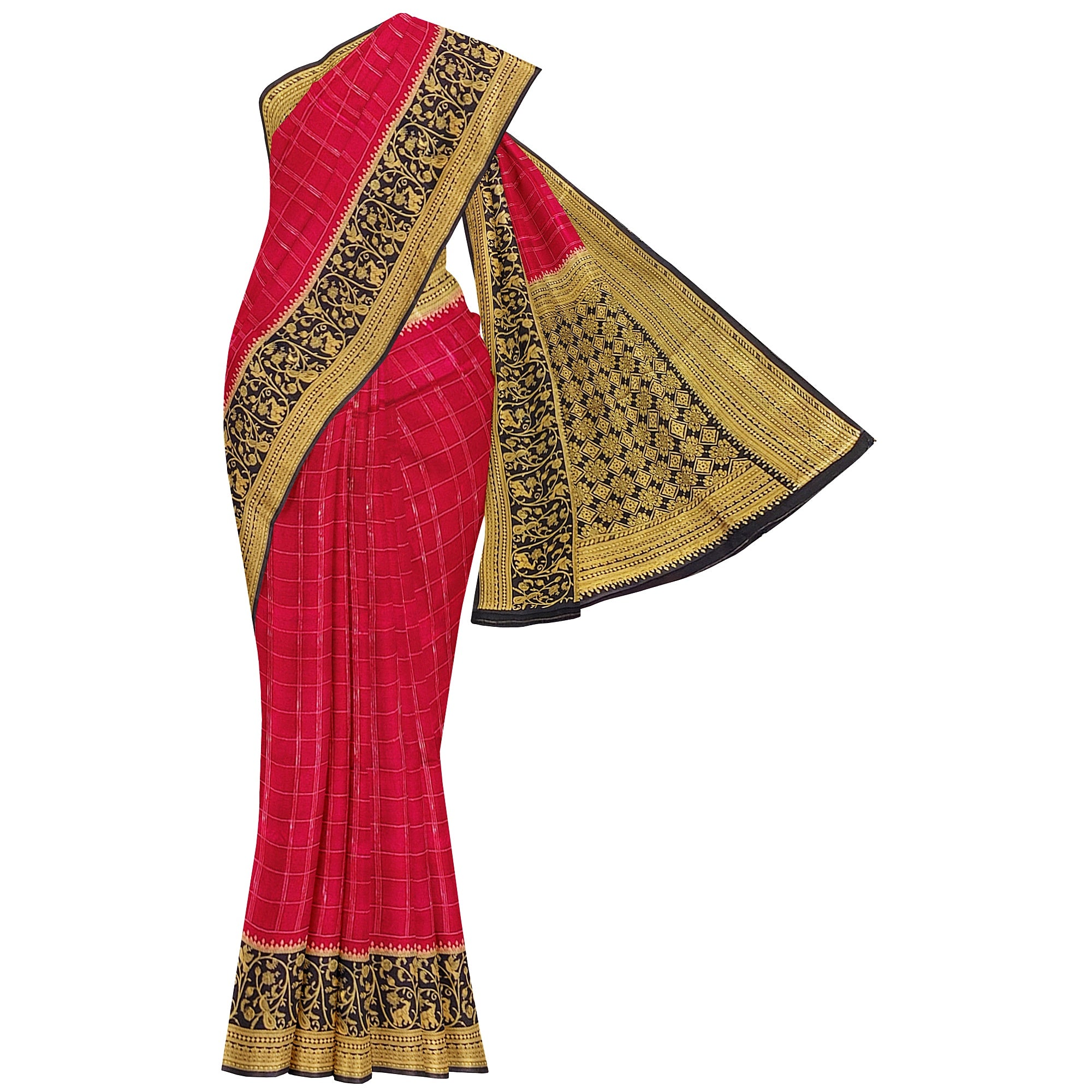 Pink Checked Georgette Saree – Black Fancy Border – Lightweight – Shop Online