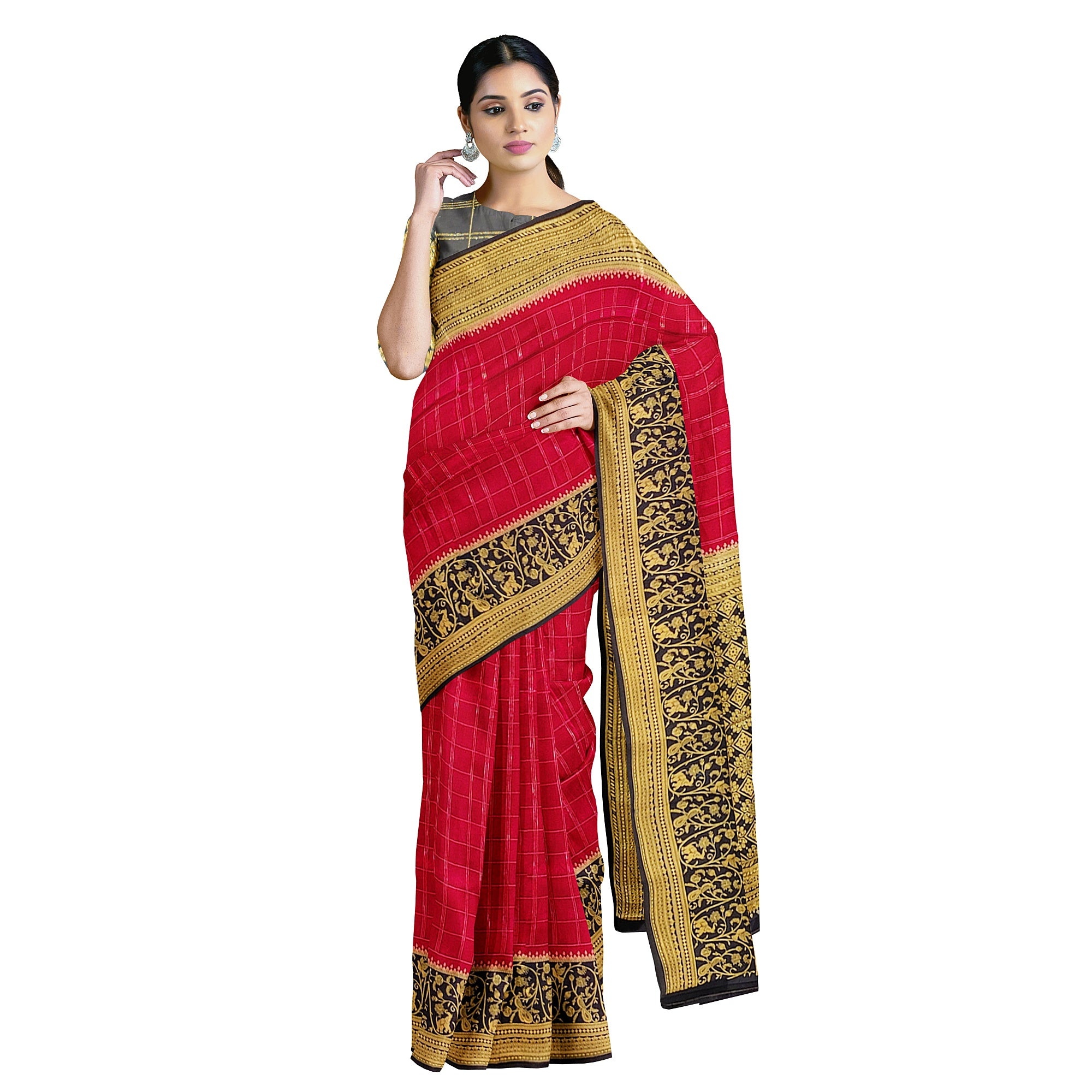 Pink Checked Georgette Saree – Black Fancy Border – Lightweight – Shop Online
