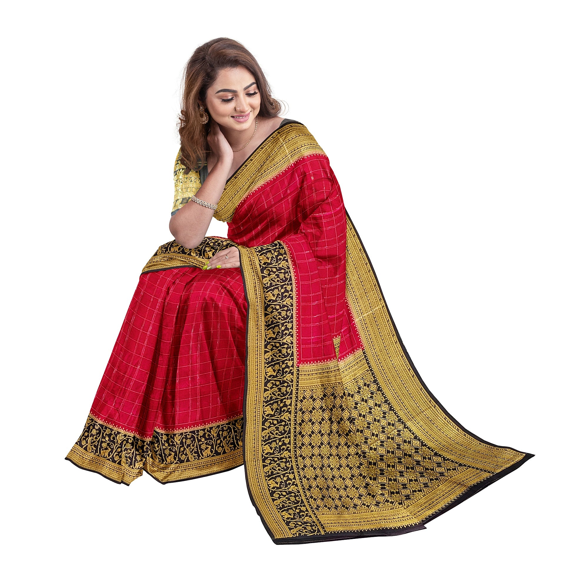 Pink Checked Georgette Saree – Black Fancy Border – Lightweight – Shop Online