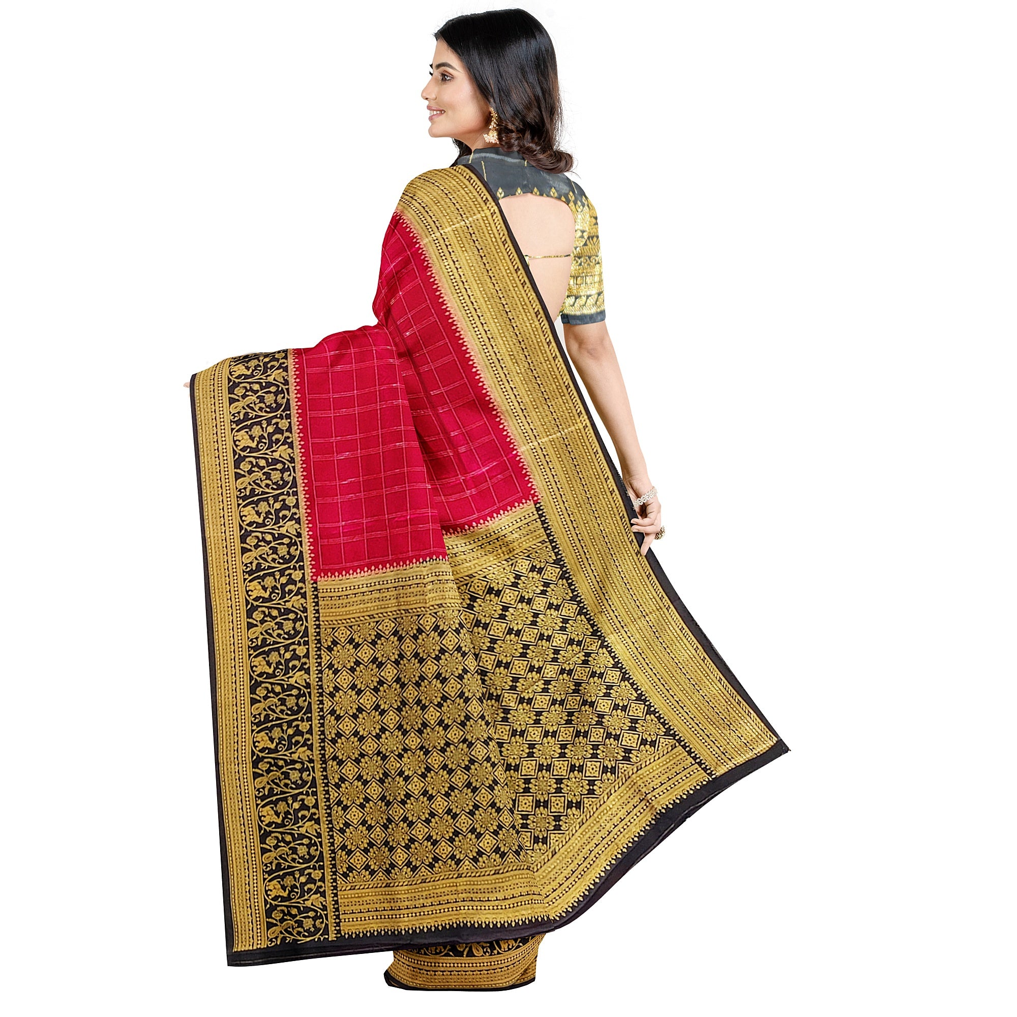 Pink Checked Georgette Saree – Black Fancy Border – Lightweight – Shop Online