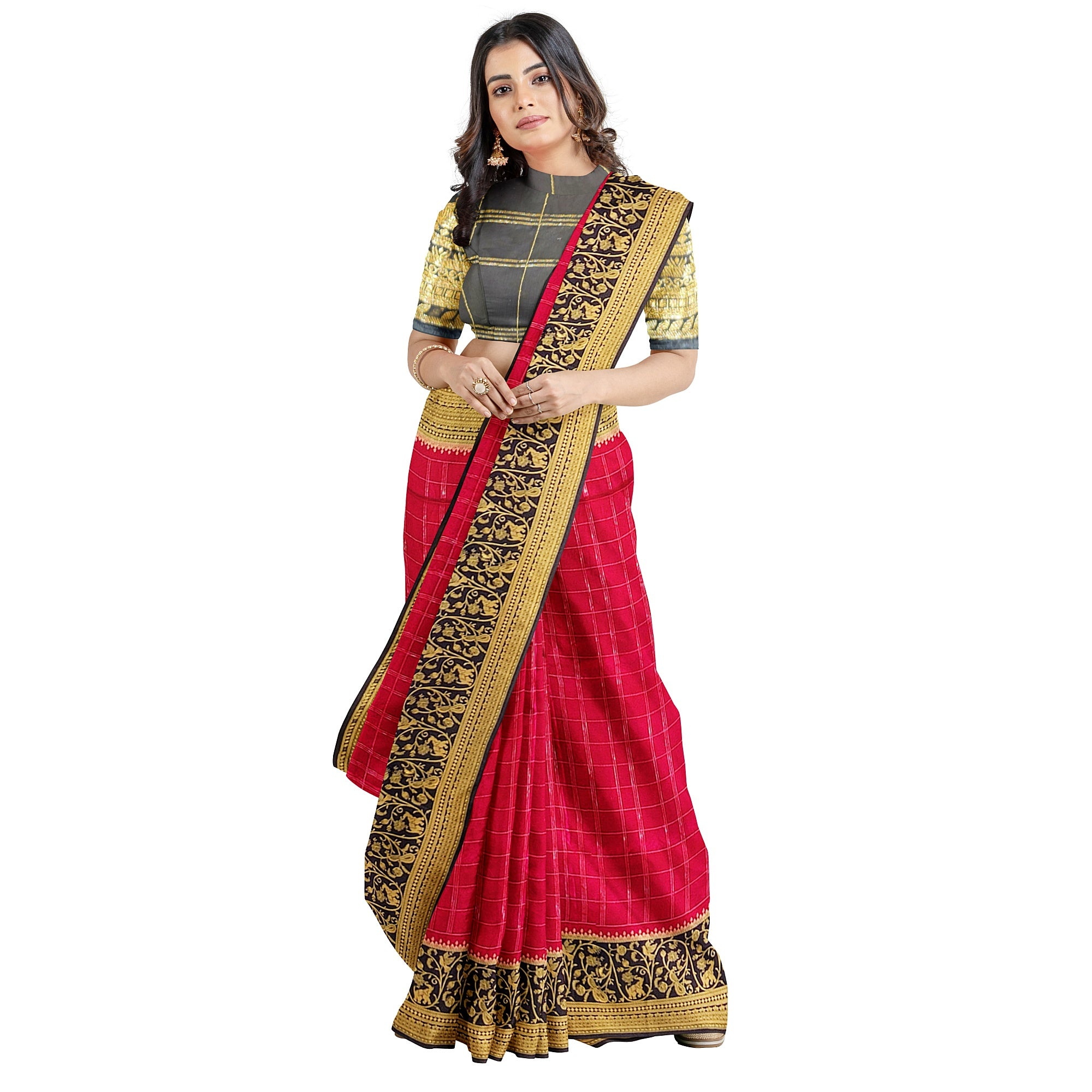 Pink Checked Georgette Saree – Black Fancy Border – Lightweight – Shop Online