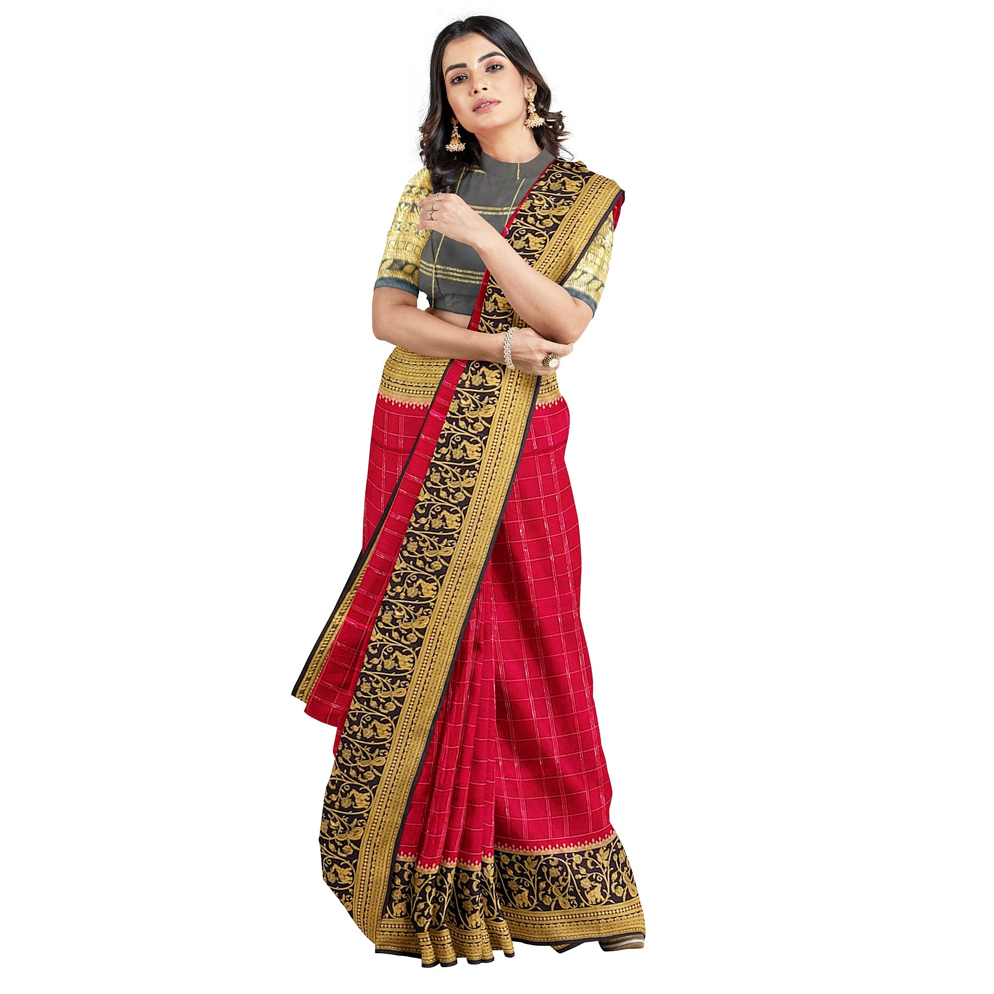 Pink Checked Georgette Saree – Black Fancy Border – Lightweight – Shop Online