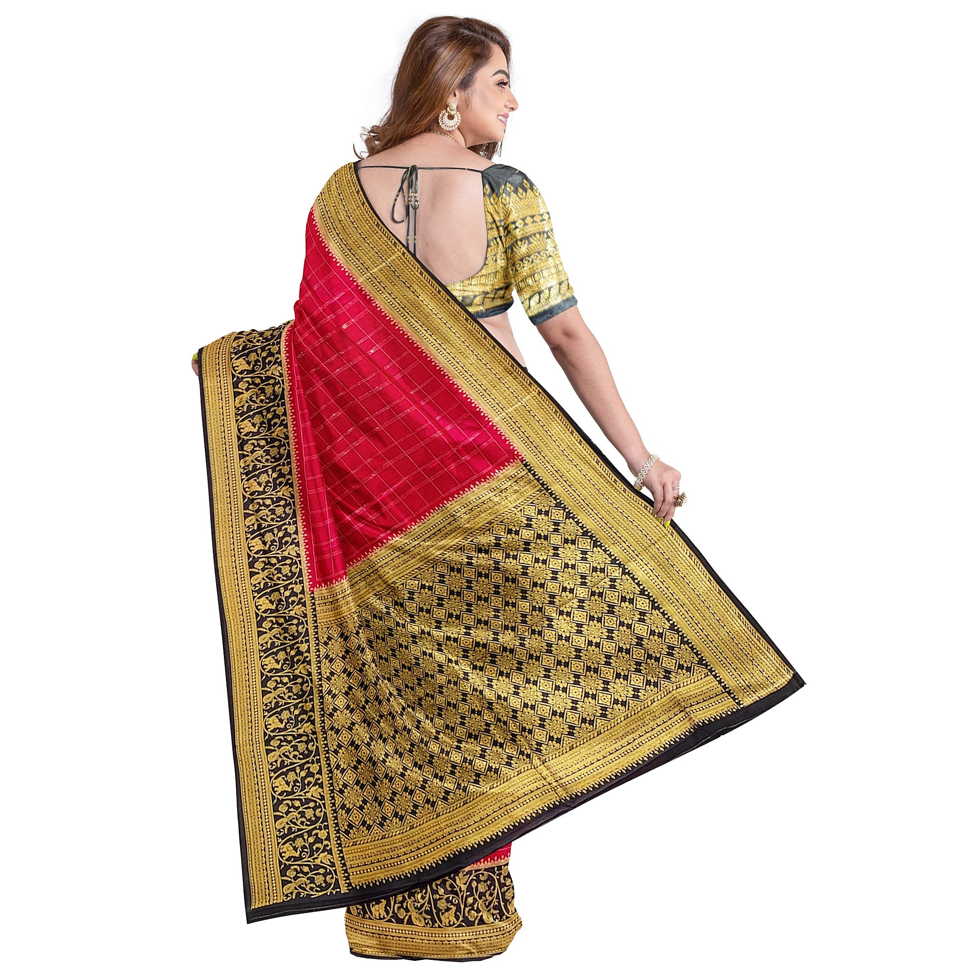 Pink Checked Georgette Saree – Black Fancy Border – Lightweight – Shop Online