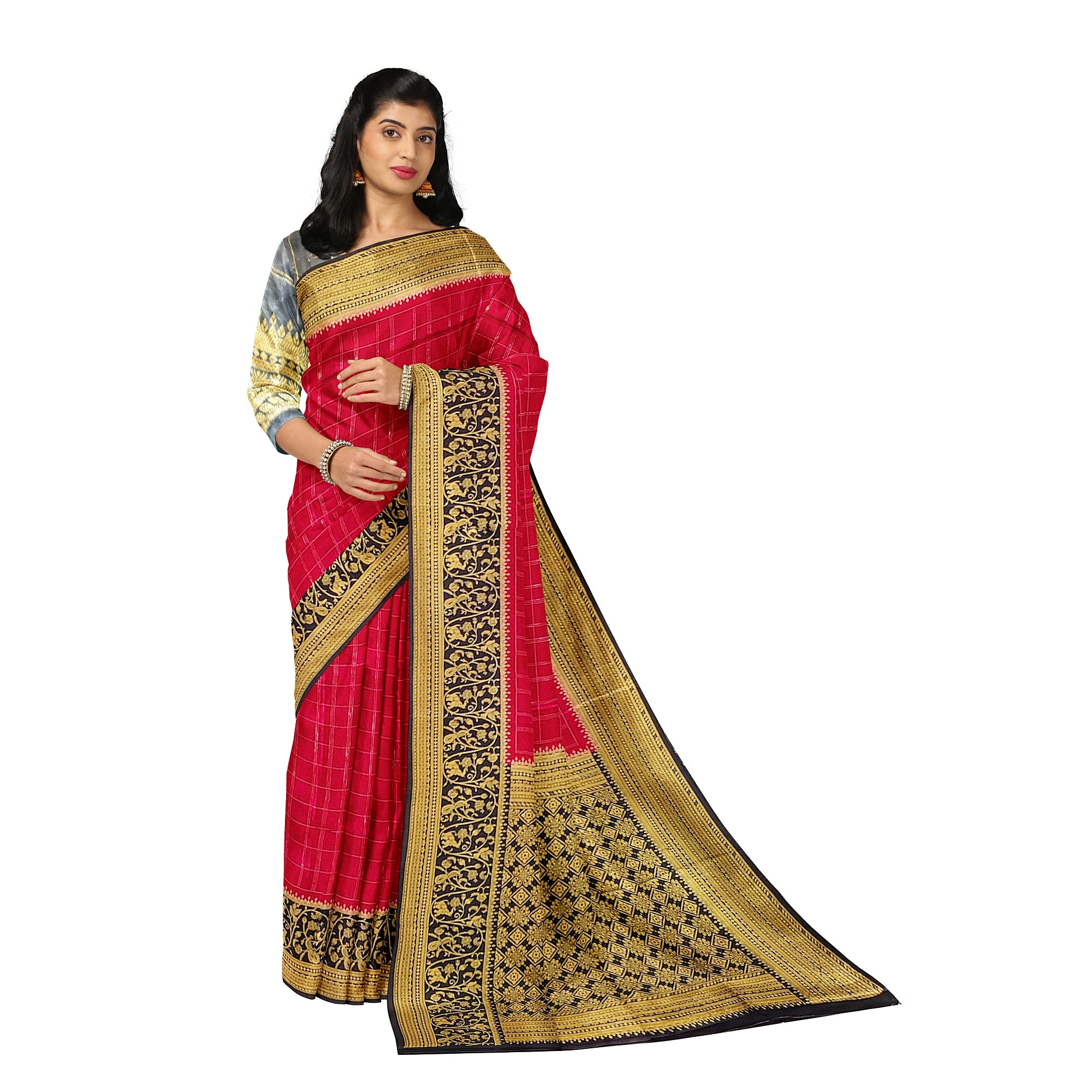 Pink Checked Georgette Saree – Black Fancy Border – Lightweight – Shop Online