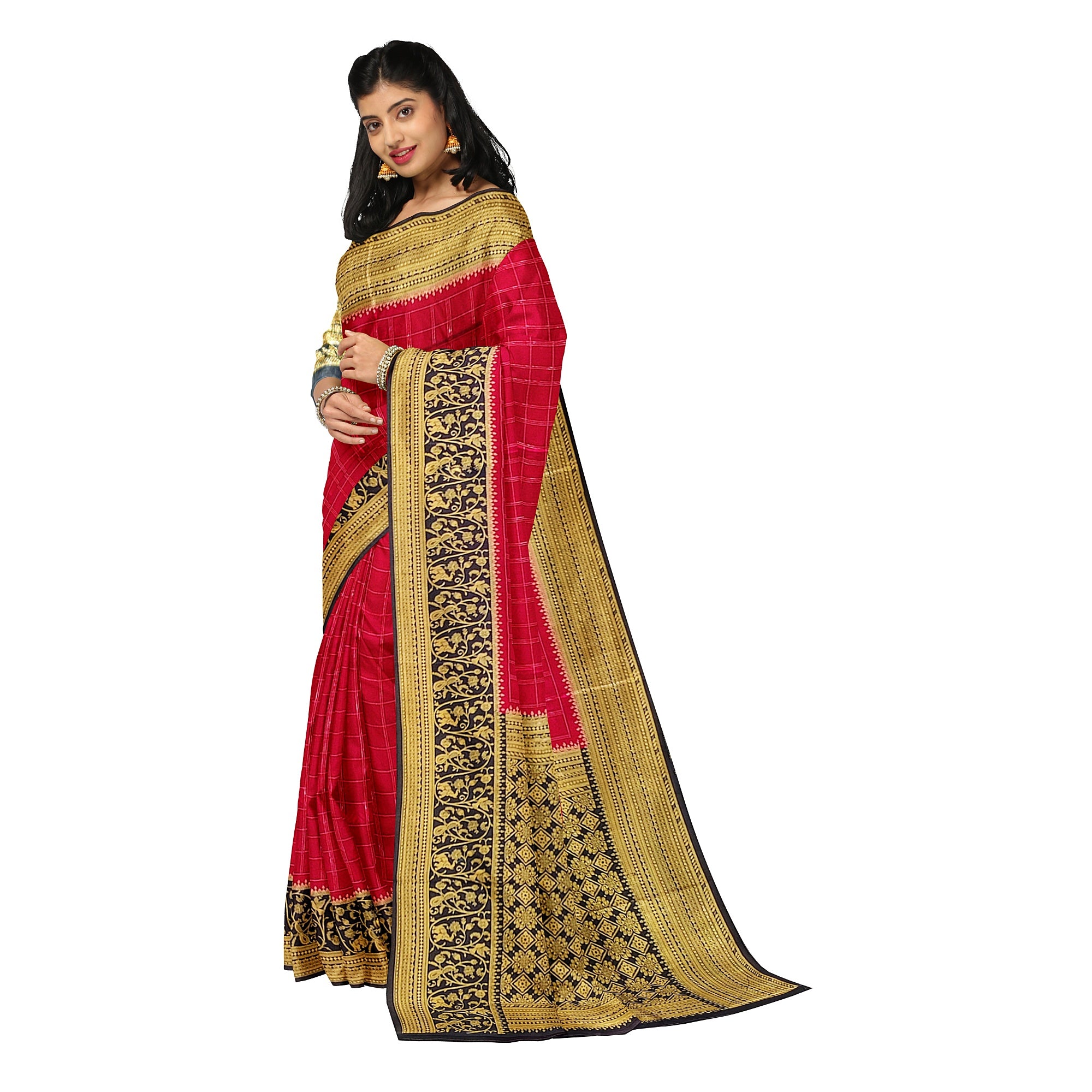 Pink Checked Georgette Saree – Black Fancy Border – Lightweight – Shop Online