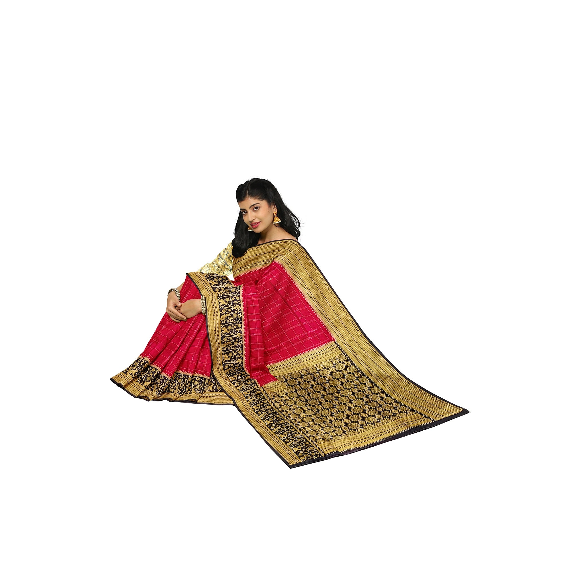 Pink Checked Georgette Saree – Black Fancy Border – Lightweight – Shop Online