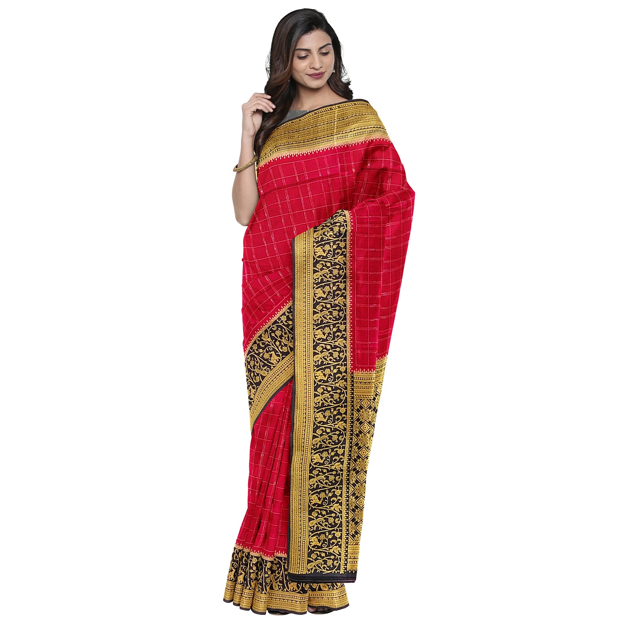 Pink Checked Georgette Saree – Black Fancy Border – Lightweight – Shop Online