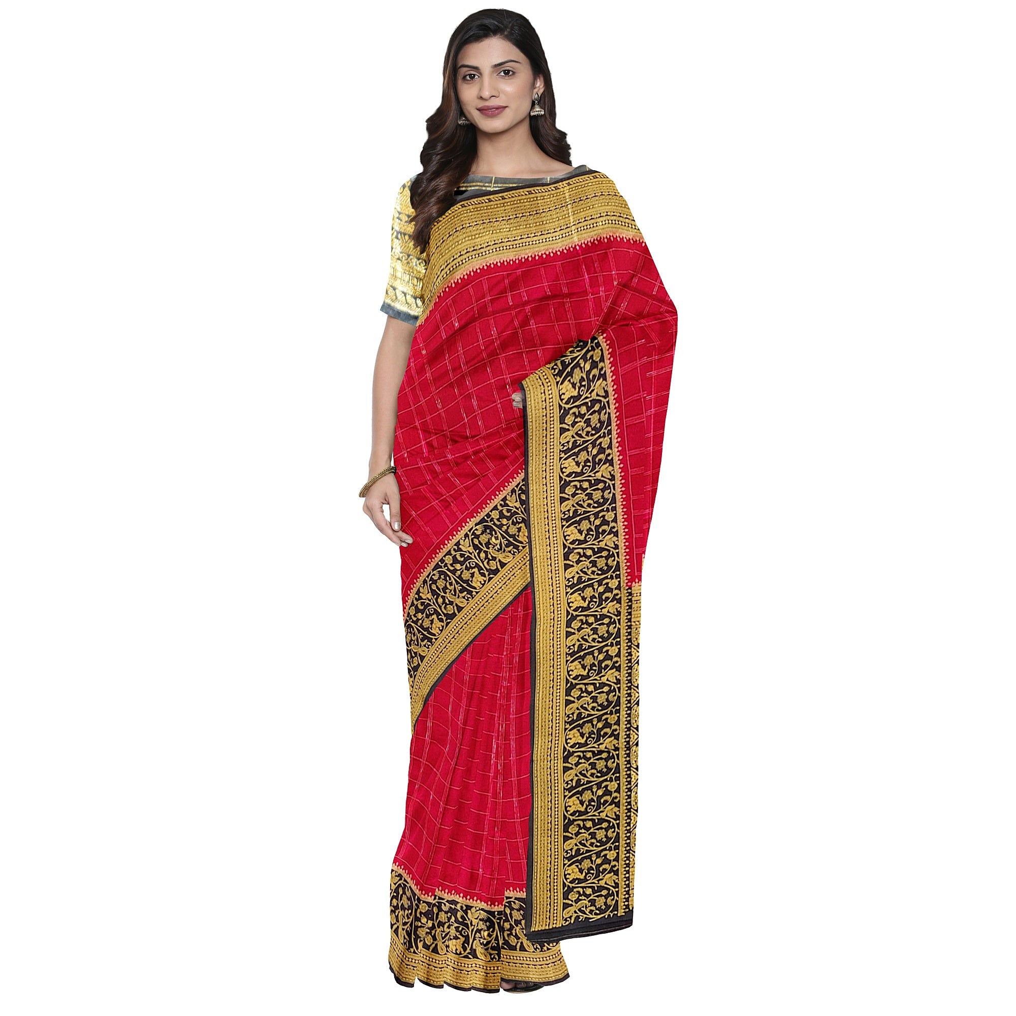 Pink Checked Georgette Saree – Black Fancy Border – Lightweight – Shop Online