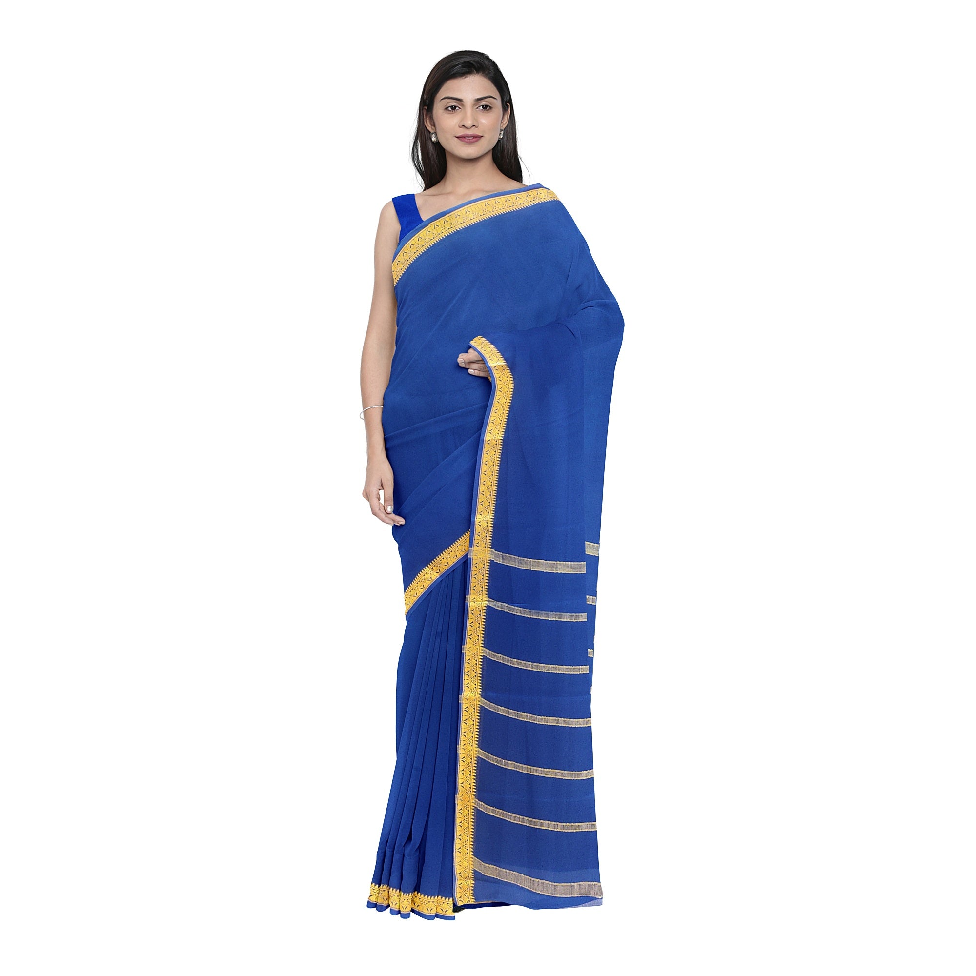 Navy Blue Mysore Silk Saree with Zari Border
